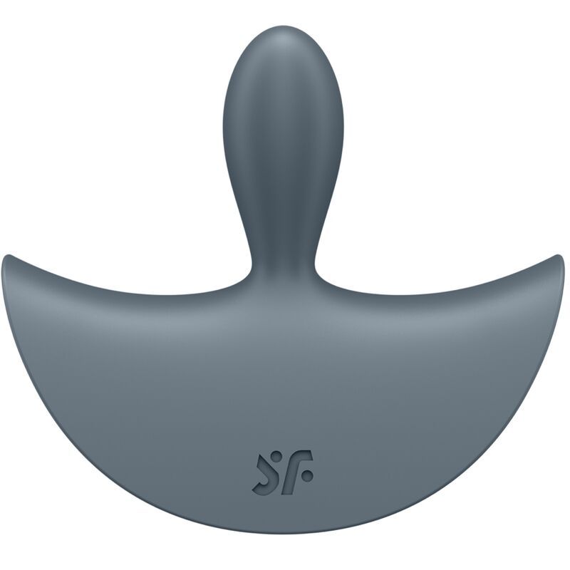 Rückansicht eines grauen Analplugs mit breiter Basis und Griff. SF Logo.