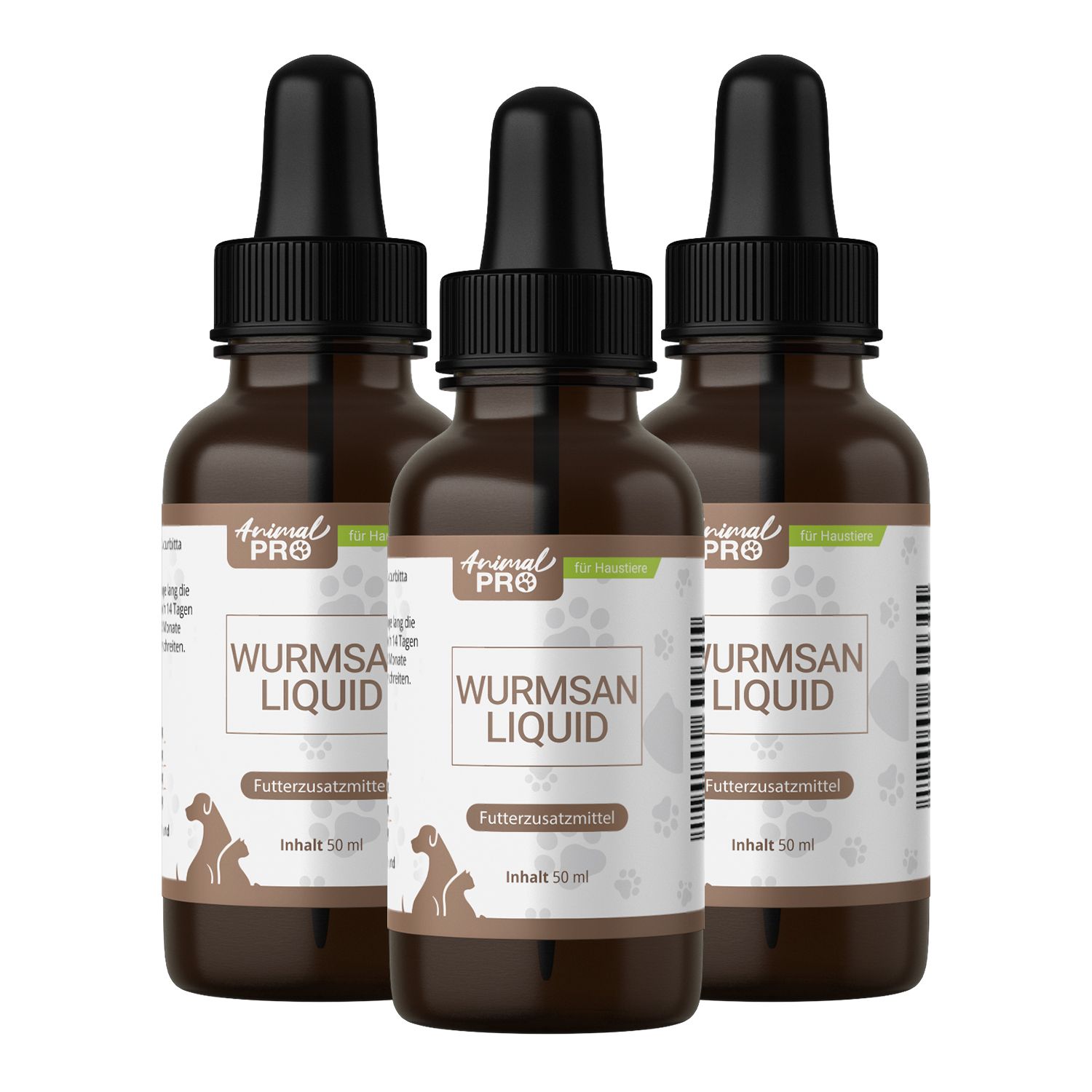 Drei braune Flaschen mit schwarzem Tropfer. Etikett mit "Animal Pro", "Wurmsan Liquid" und Hund-Katze-Symbol.