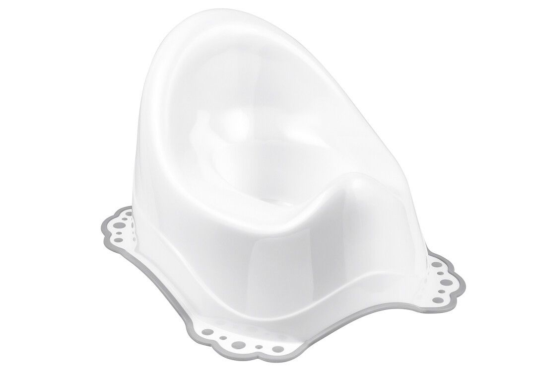 Weißes Töpfchen mit geschwungenen Formen und grauem Rand. Kunststoff. Für Kleinkinder.