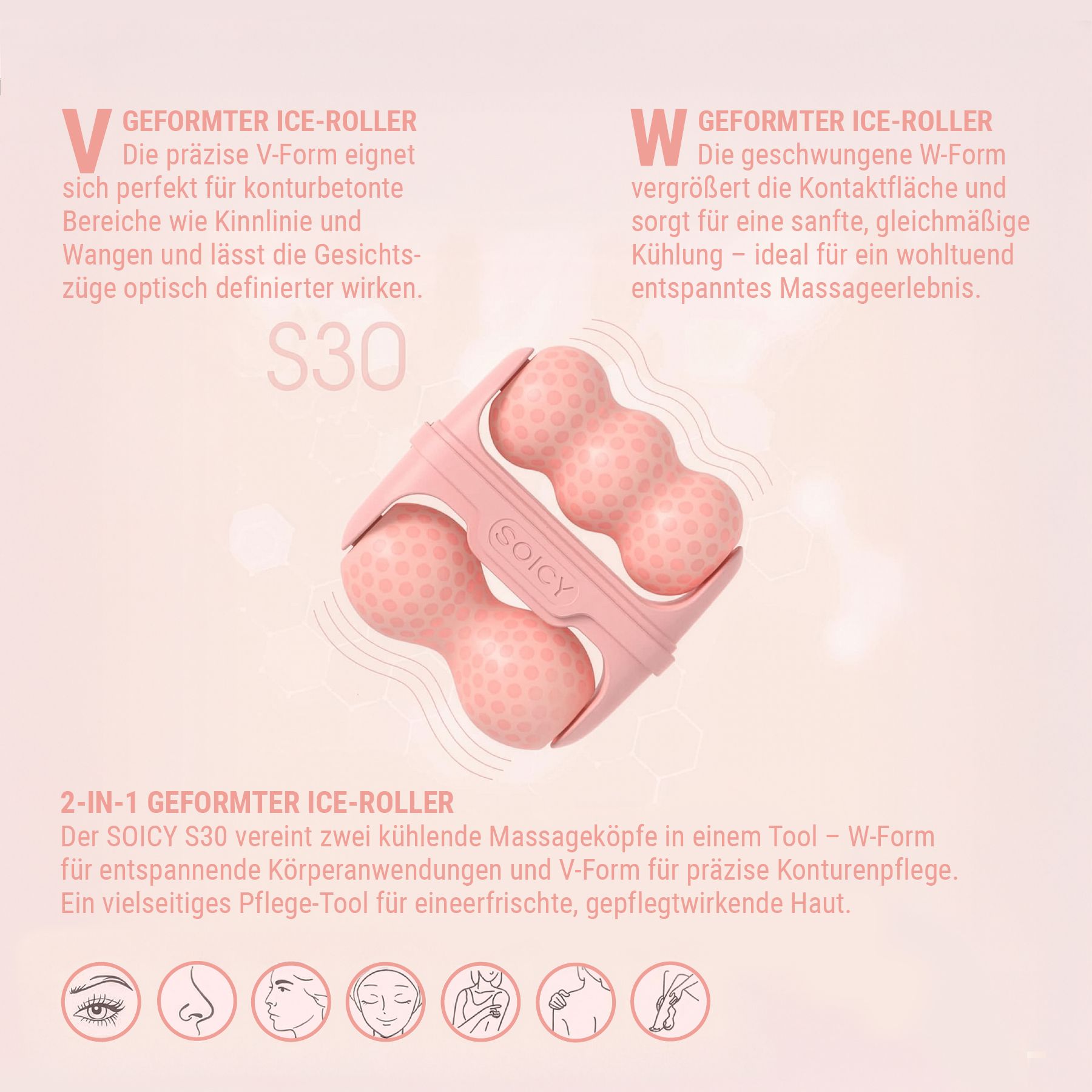 Pinkfarbener Eisroller mit drei Rollköpfen. Aufschrift: SOICY. V-förmig. Liegt auf weißem Hintergrund.