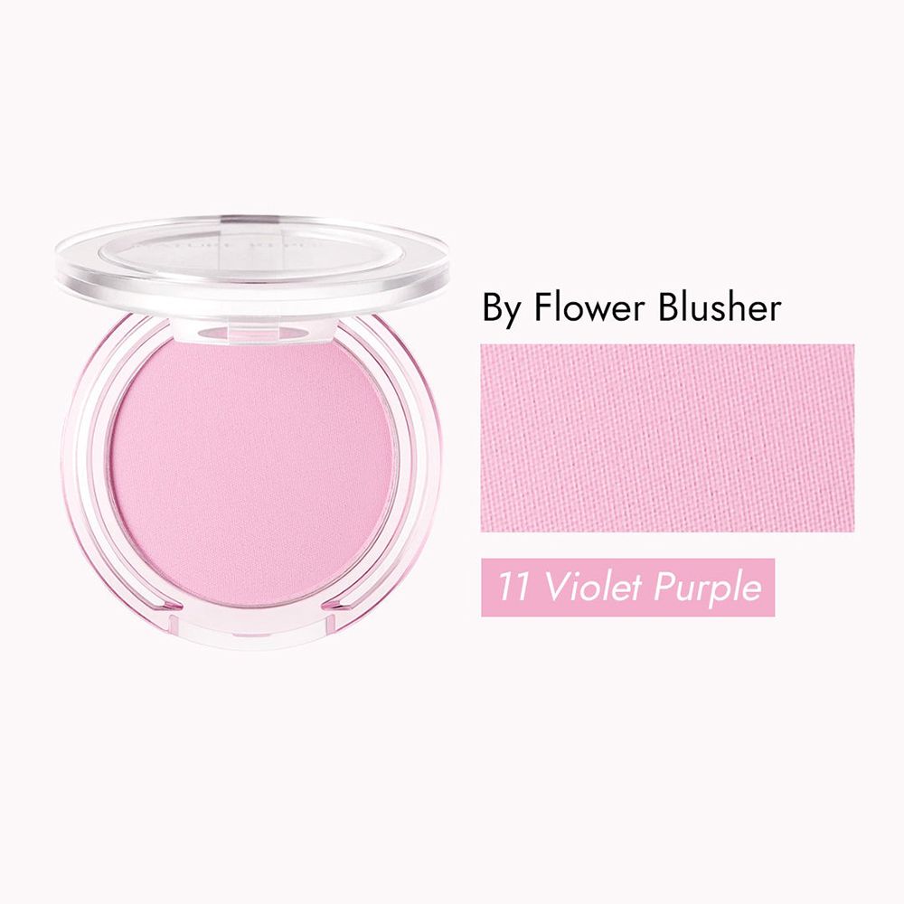 Blusher in runder, transparenter Dose. Text: By Flower Blusher, 11 Violet Purple.