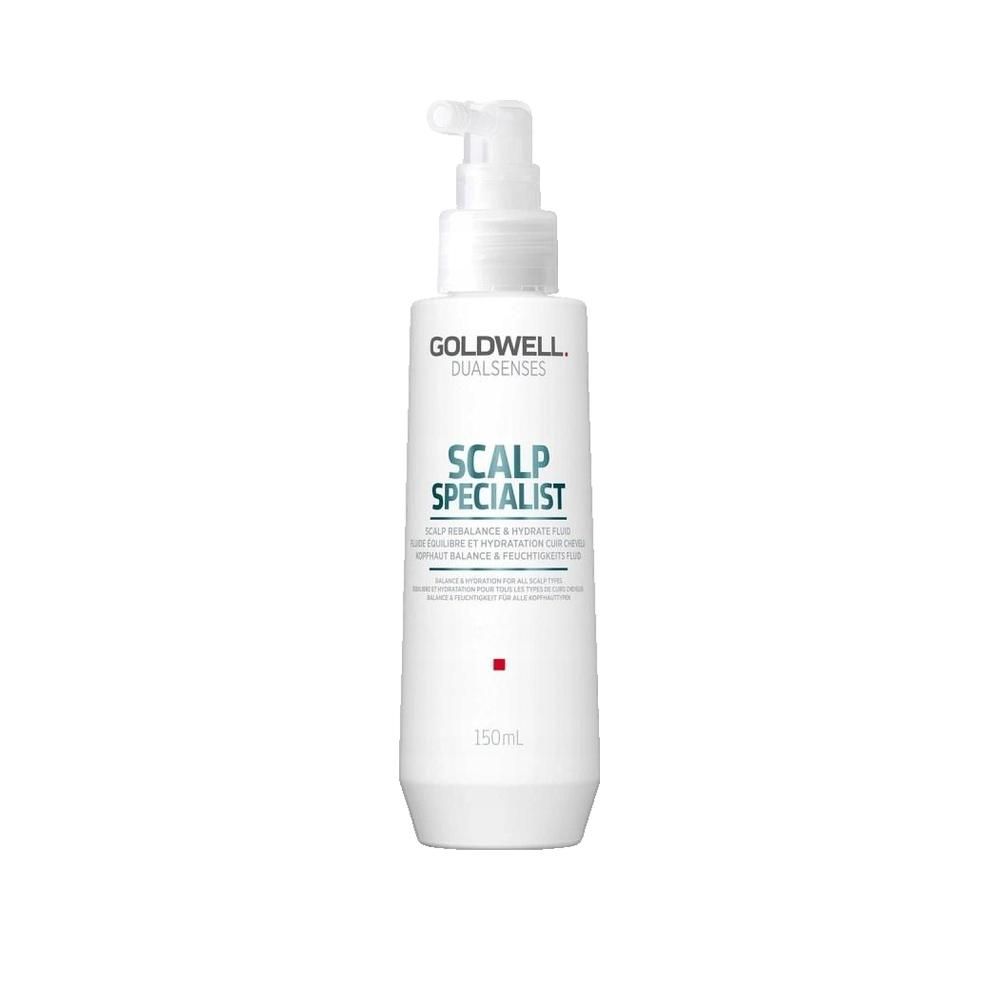 Weiße Flasche mit Pumpe. Beschriftung: Goldwell Dualsenses, Scalp Specialist. Text: Für revitalisierte & hydratisierte Kopfhaut. 150ml.