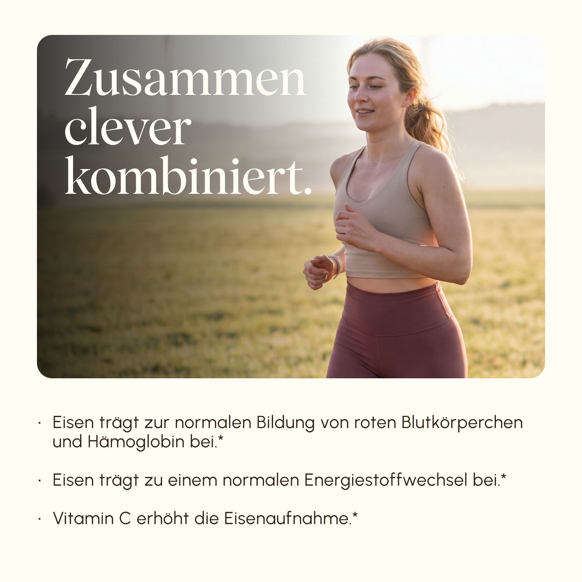 Läuferin im Sonnenlicht, Text: Zusammen clever kombiniert. Eisen + Vitamin C.
