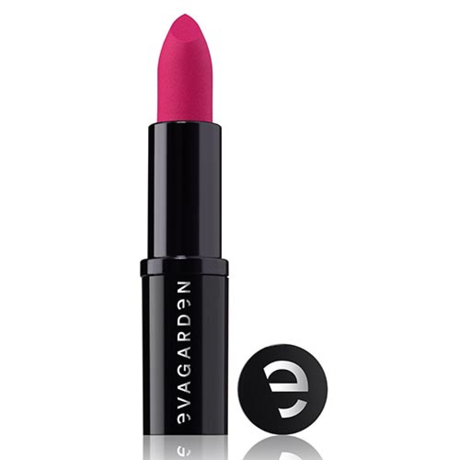 Lippenstift mit schwarzer Hülse und pinkfarbener Spitze. Der Deckel liegt daneben. Schriftzug: evagarden.