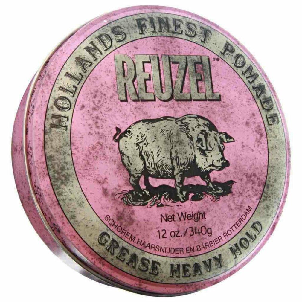 Reuzel Pink Pomade Dose mit Schwein-Logo und "Grease Heavy Hold" Aufschrift.