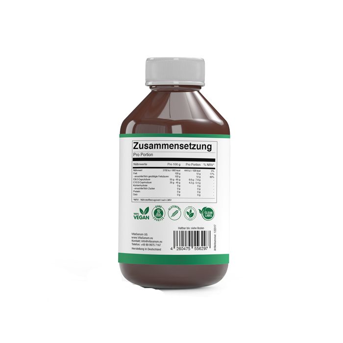 Braune Glasflasche mit weißem Etikett, das Nährwertangaben und Siegel wie "VEGAN" zeigt.