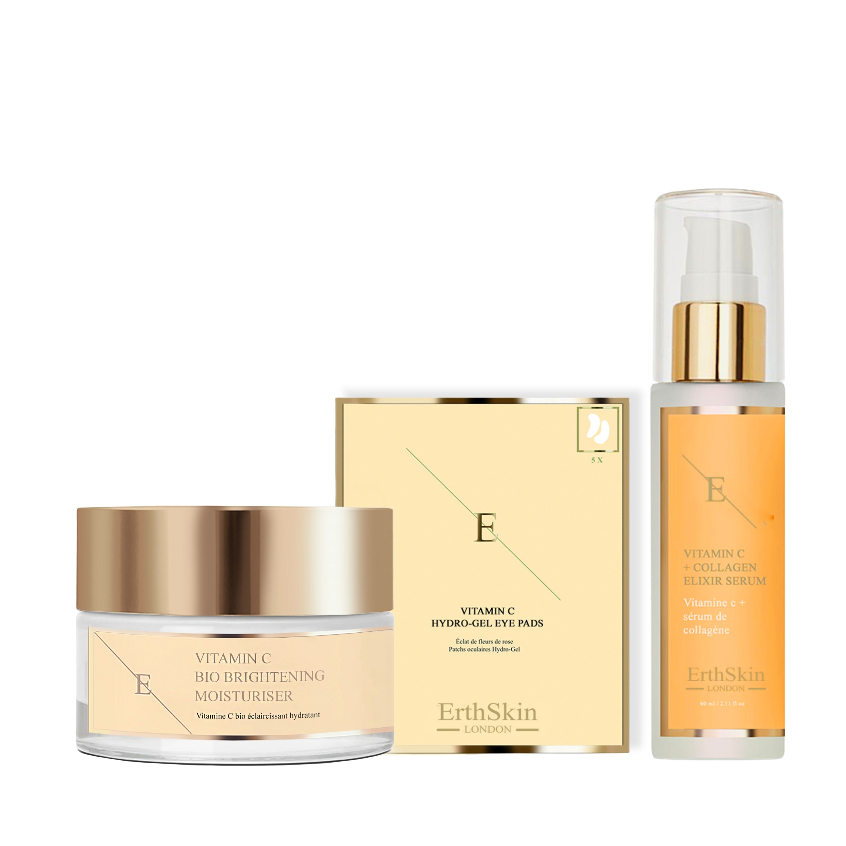 Drei ErthSkin-Produkte: Vitamin C Elixier Serum, Bio Brightening Moisturizer und Augenpads. Cremetiegel, Serumflasche und Augenpads-Box.