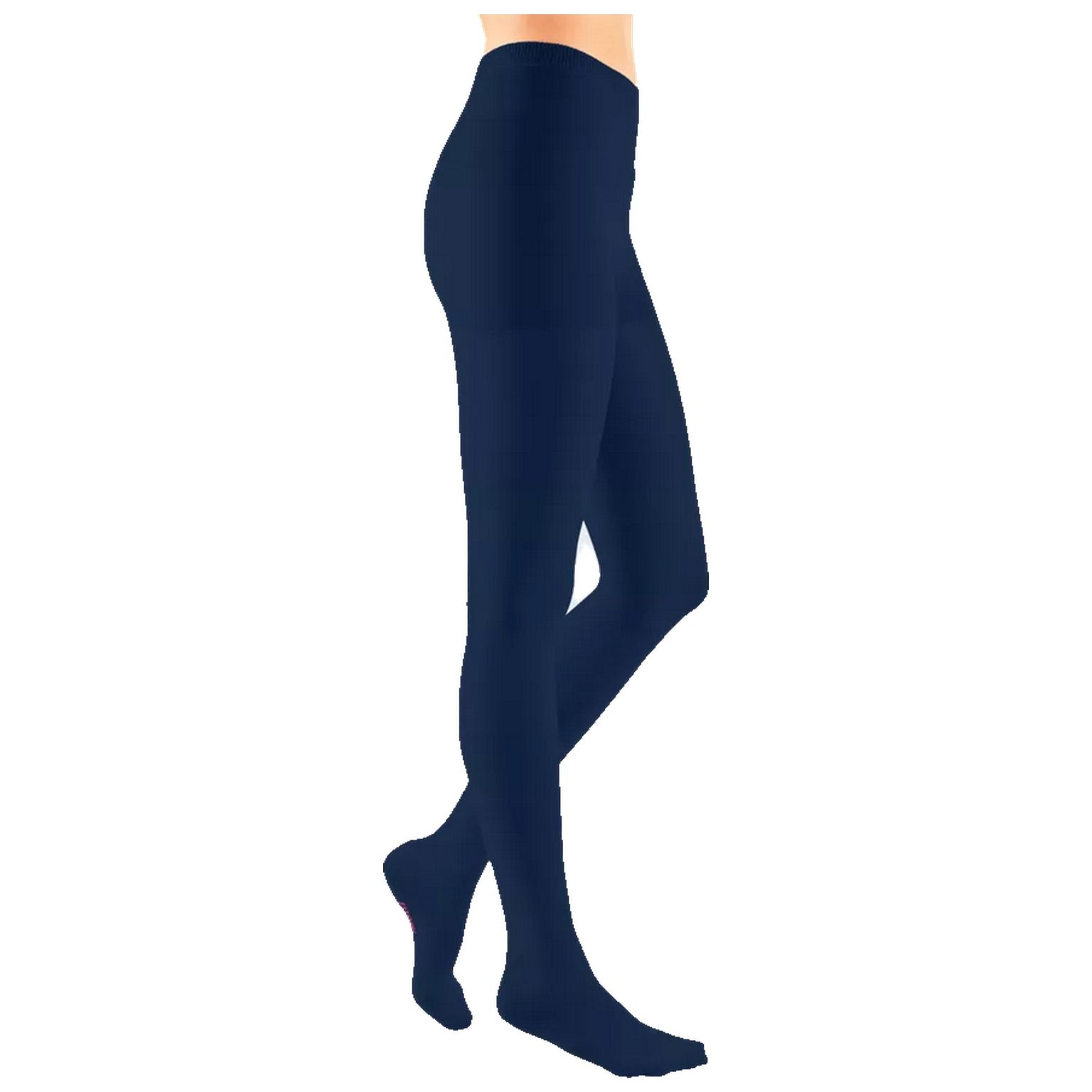 Hautfarbene Kompressionsstrumpfhose. Blick von der Seite. Dunkelblaue Farbe.