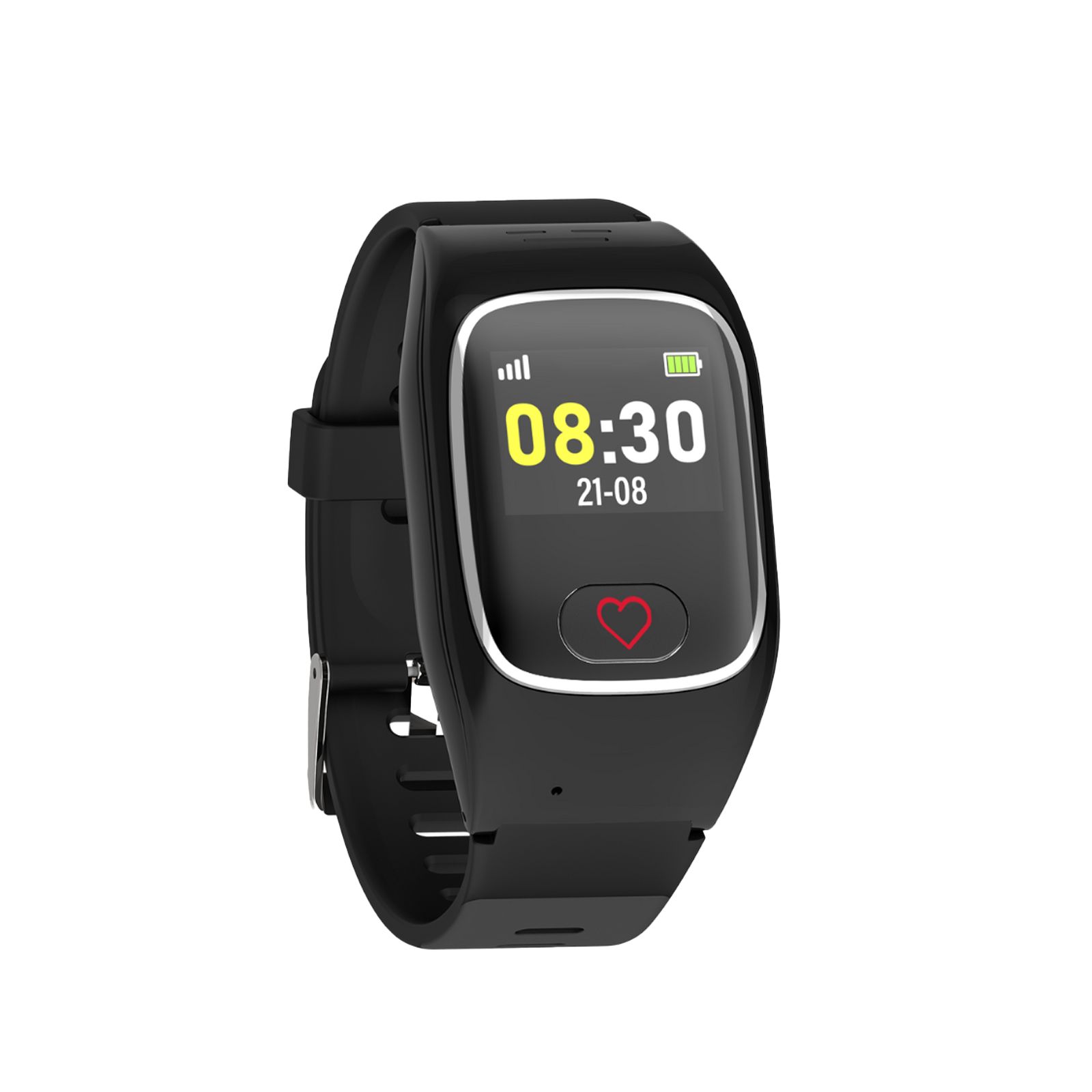 Schwarze Smartwatch mit digitaler Anzeige. Zeigt Uhrzeit, Datum und Herzsymbol. Schwarzes Armband.