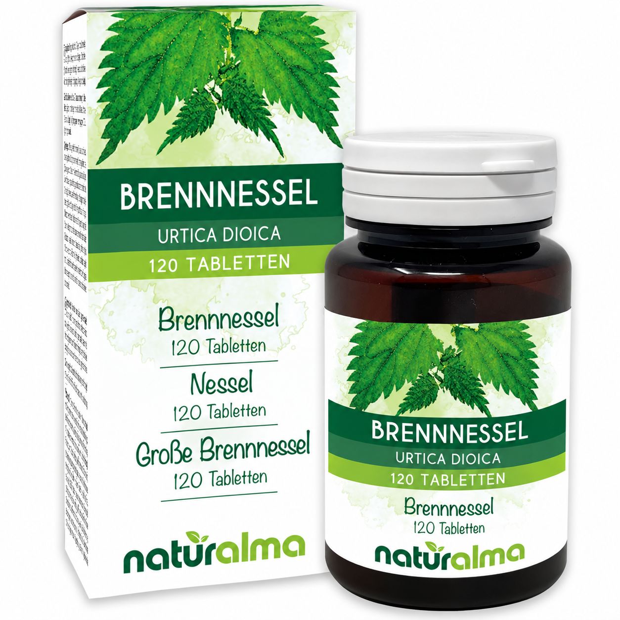 Flasche mit 120 Tabletten, Etikett mit Brennnesselblättern und Aufschrift 'BRENNNESSEL'.