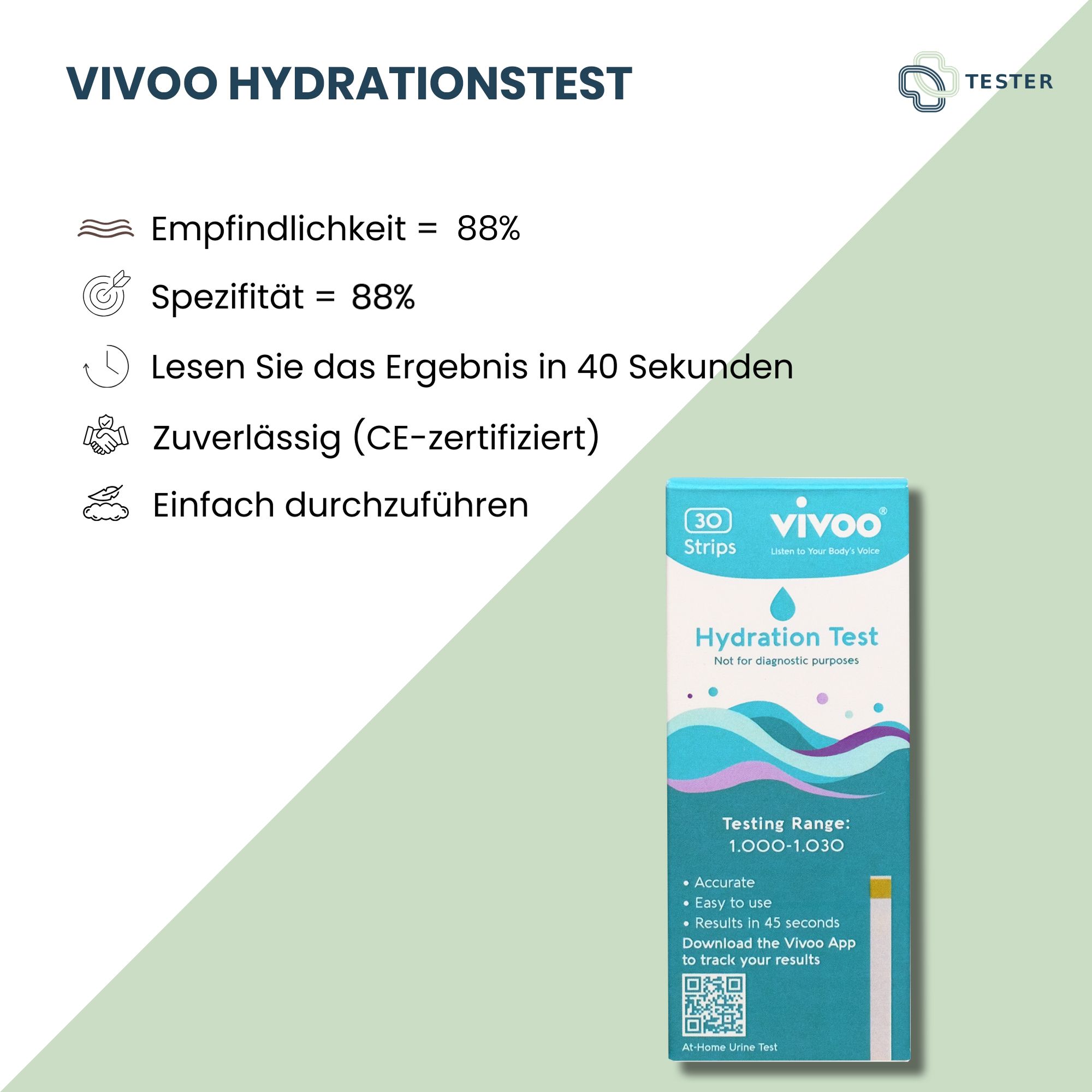 Vivoo Hydrationstest. Packung mit 30 Teststreifen. Blaue und weiße Verpackung mit Produktnamen und QR-Code. Zusätzliche Informationen.