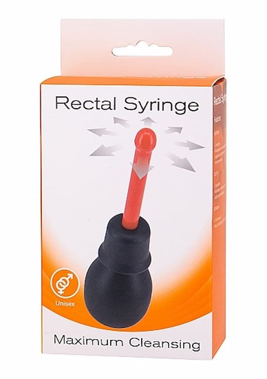 Verpackung mit Produktabbildung. Aufschrift: Rectal Syringe. Unisex-Symbol. Text: Maximum Cleansing. Orangefarbener Hintergrund.