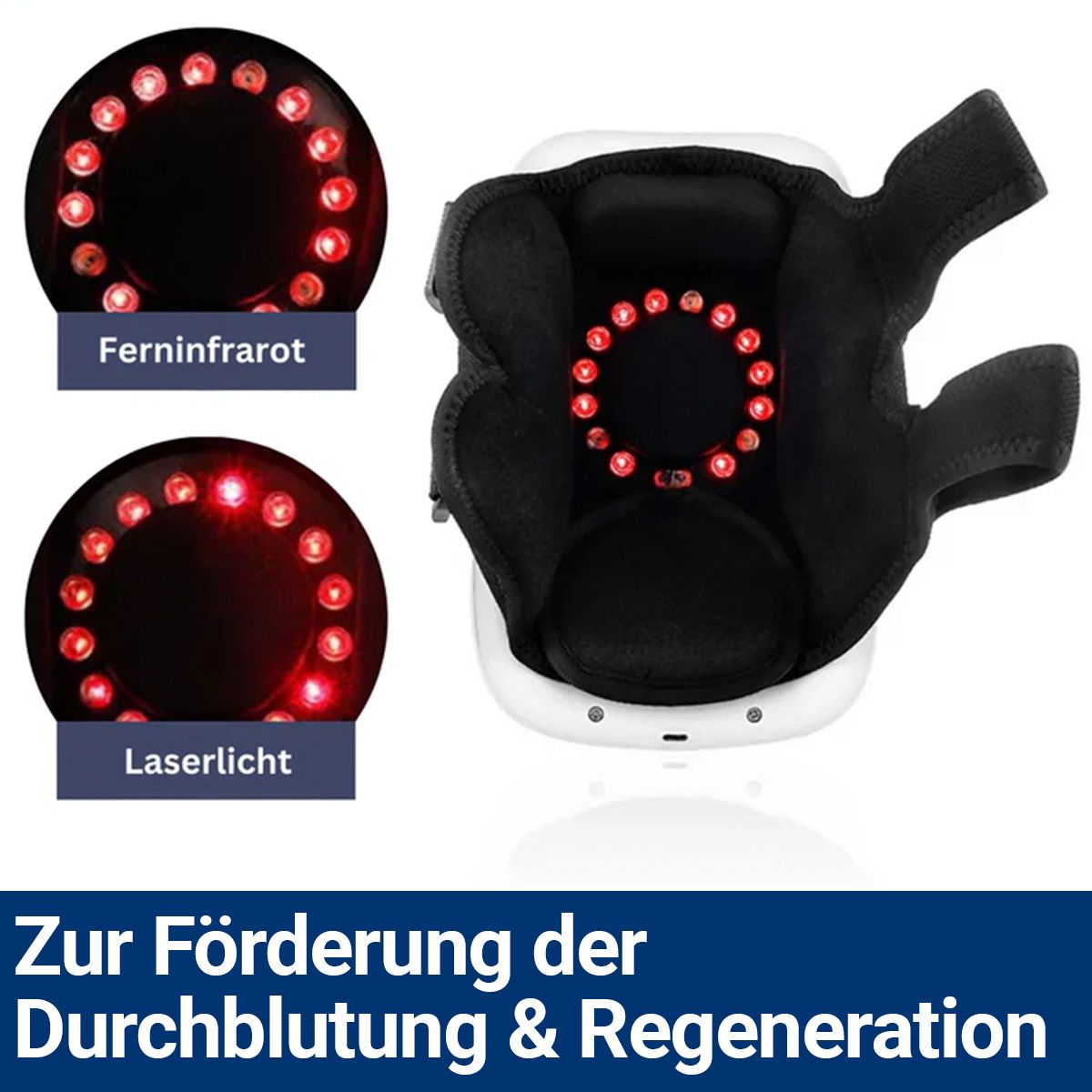 Nahaufnahme des Knie-Massagegeräts. Innenansicht mit roten LED-Lichtern. Text: Ferninfrarot, Laserlicht. Zur Förderung der Durchblutung & Regeneration.