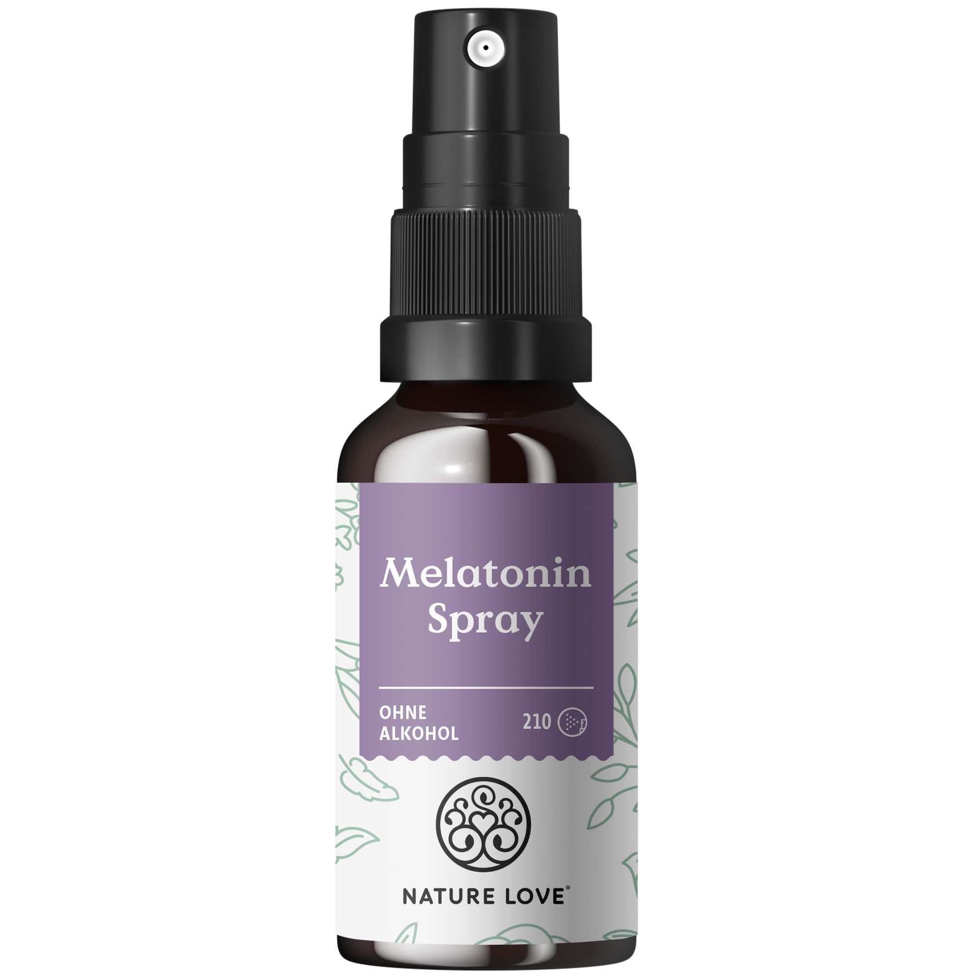 Braune Sprühflasche mit schwarzem Sprühkopf. Etikett mit „Melatonin Spray“ und „NATURE LOVE“. Ohne Alkohol.