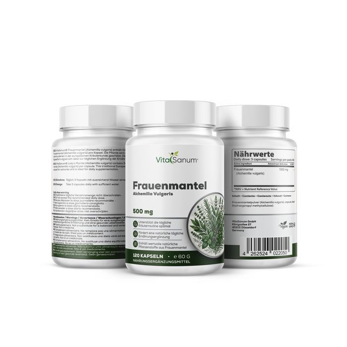Drei weiße Kapselbehälter mit weißen Deckeln. Vorderseite mit Etikett: VitaSanum Frauenmantel Alchemilla Vulgaris 500 mg, 120 Kapseln.