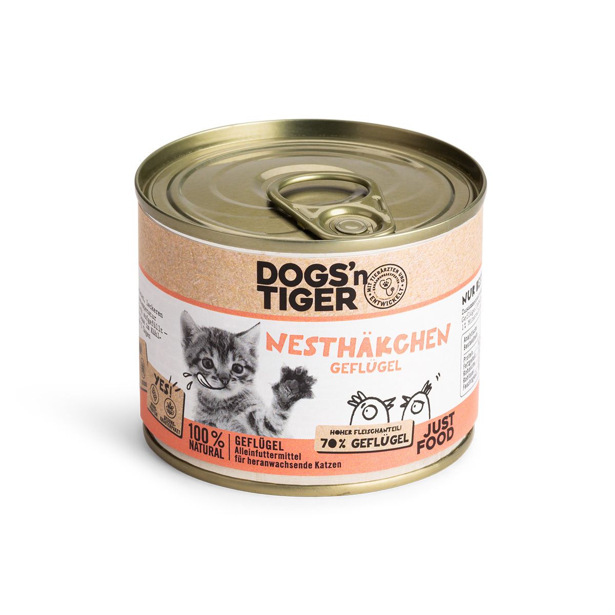 Eine Dose Katzenfutter. Aufschrift: Dogs'n Tiger, Nesthäkchen, Geflügel. Abbildung einer Katze.