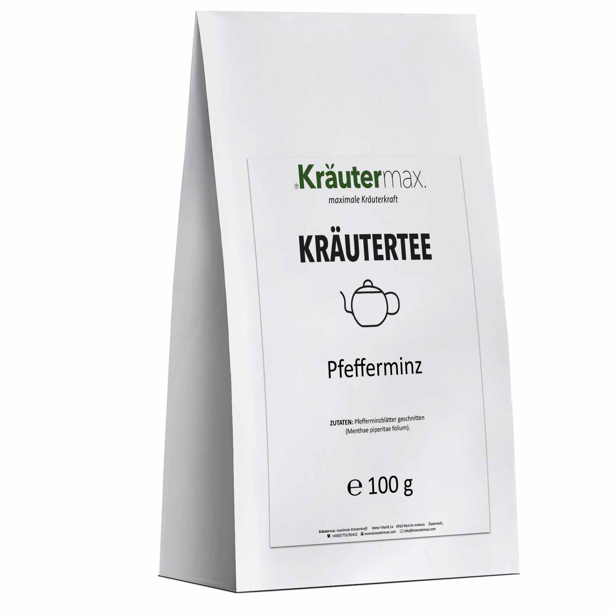 Weiße Kräutertee-Verpackung. Aufdruck: Kräutermax, Kräutertee, Pfefferminz, Teekanne-Symbol, e 100 g.