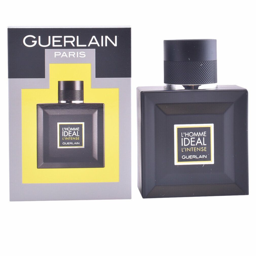 GUERLAIN L HOMME IDEAL INTENSE EDP 50 ML Flakon neben der silbernen Verpackung.