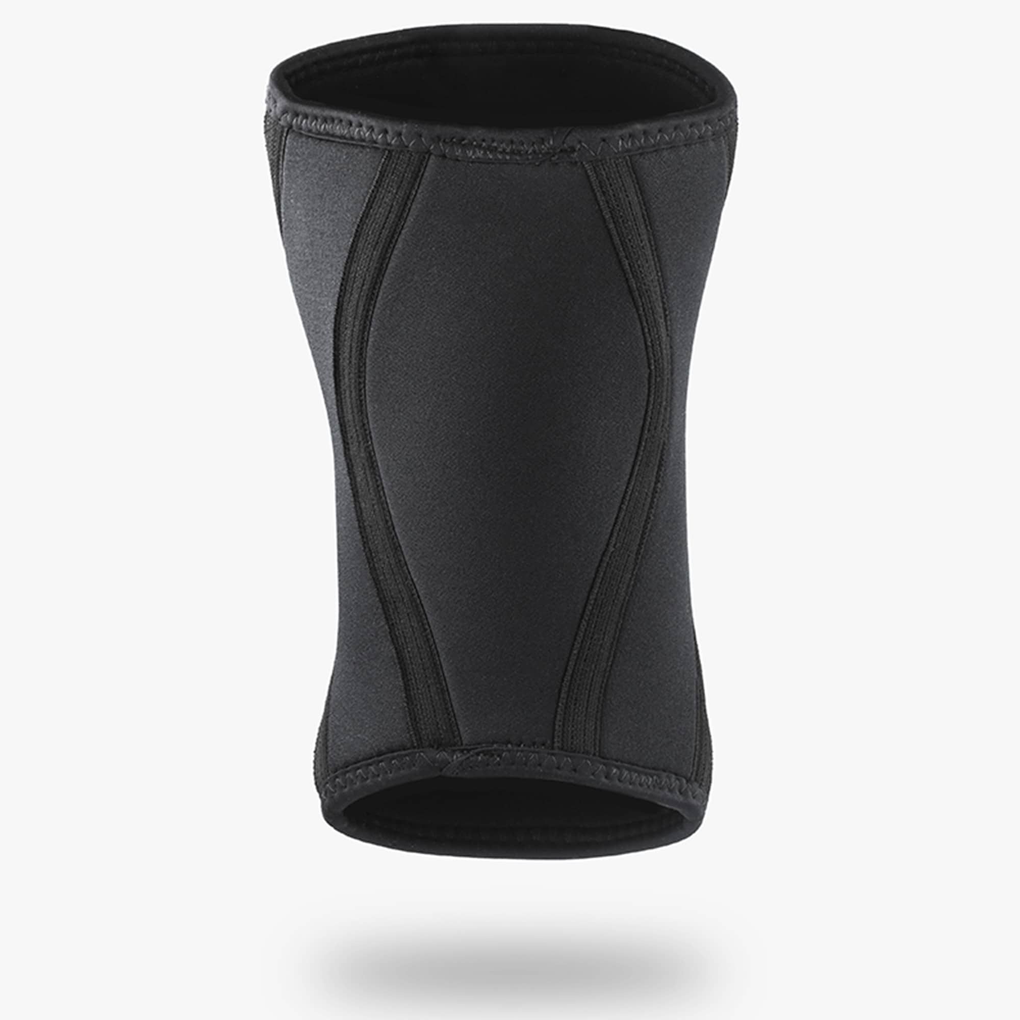 Schwarze Kniebandage. Elastisches Material mit vertikalen Nähten. Schwarze Bänder an den Seiten.