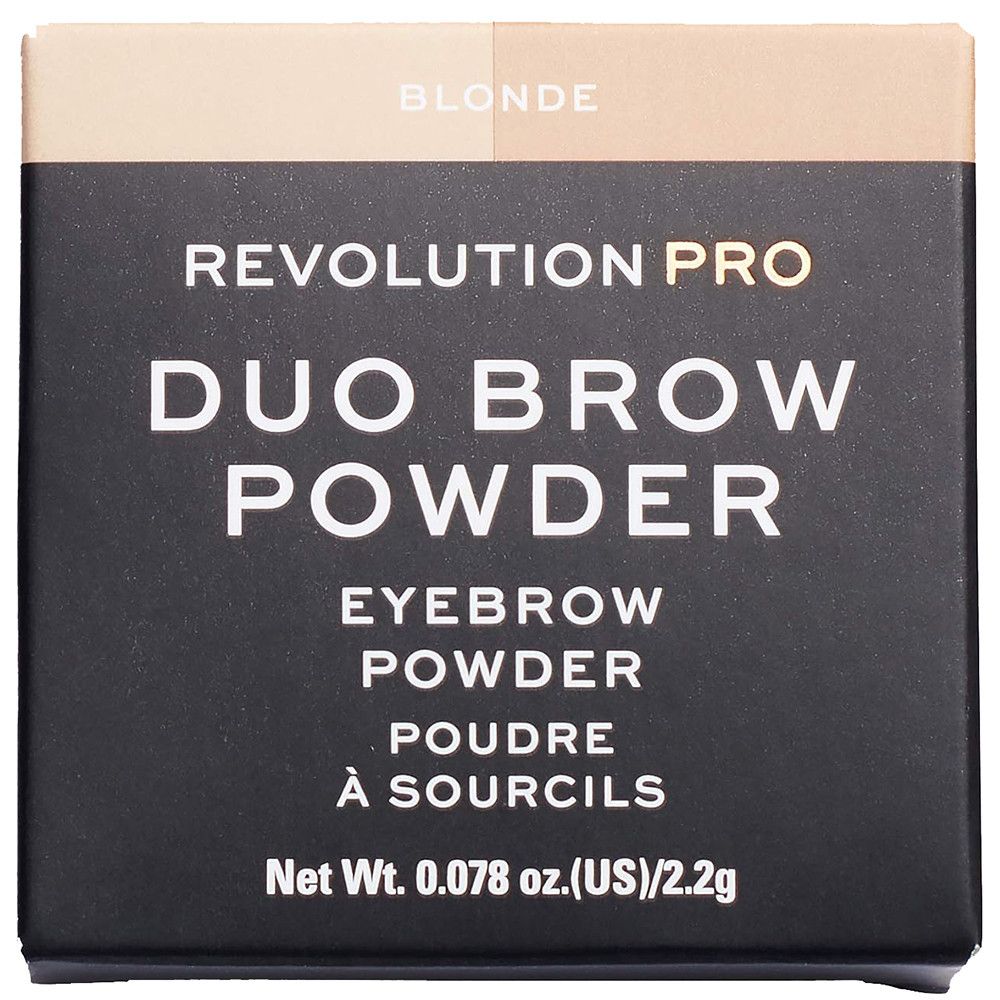 Quadratische Verpackung. Aufschrift "REVOLUTION PRO DUO BROW POWDER". Text in Englisch und Französisch. Farbe: Blond.