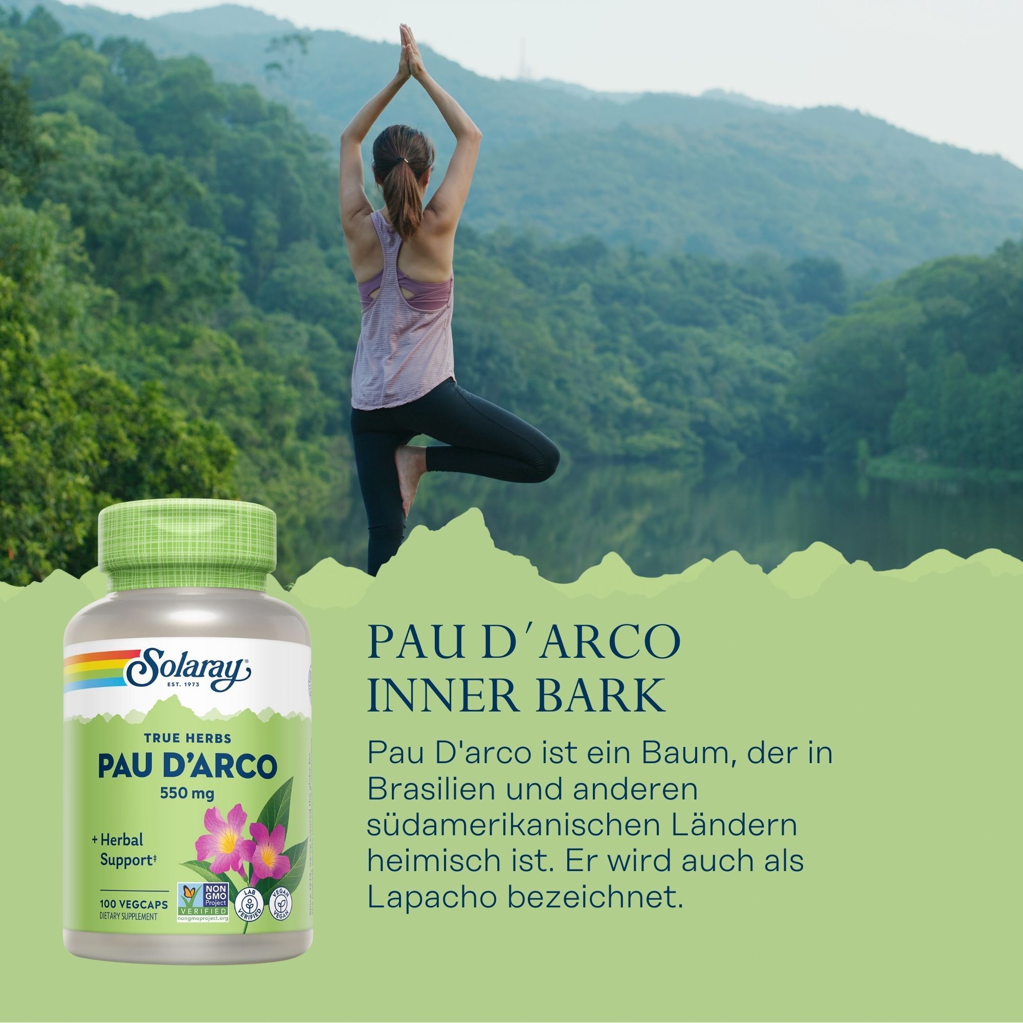 Solaray Pau D'Arco-Kapseln. Flasche mit grünem Deckel, Regenbogen-Logo. Frau macht Yoga im Hintergrund.