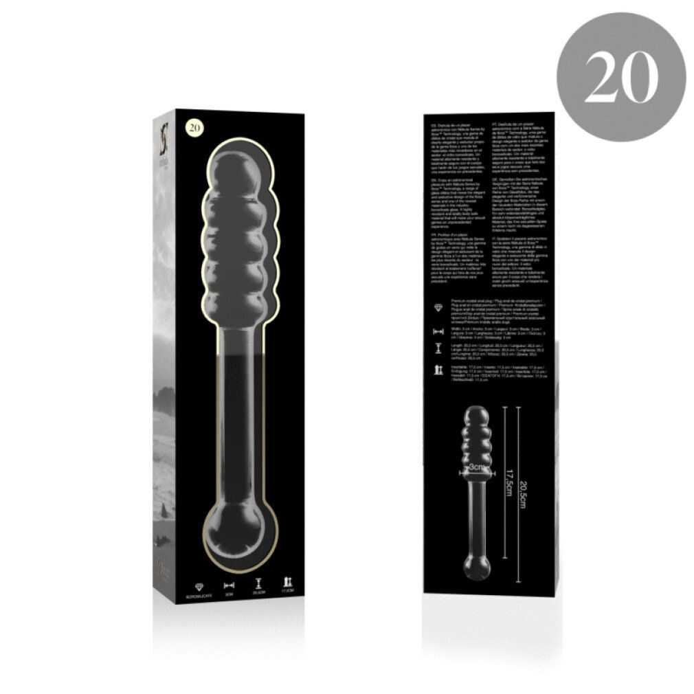Borosilikatglas-Dildo, 20,5 cm lang, mit geripptem Kopf und kugelförmigem Griff.