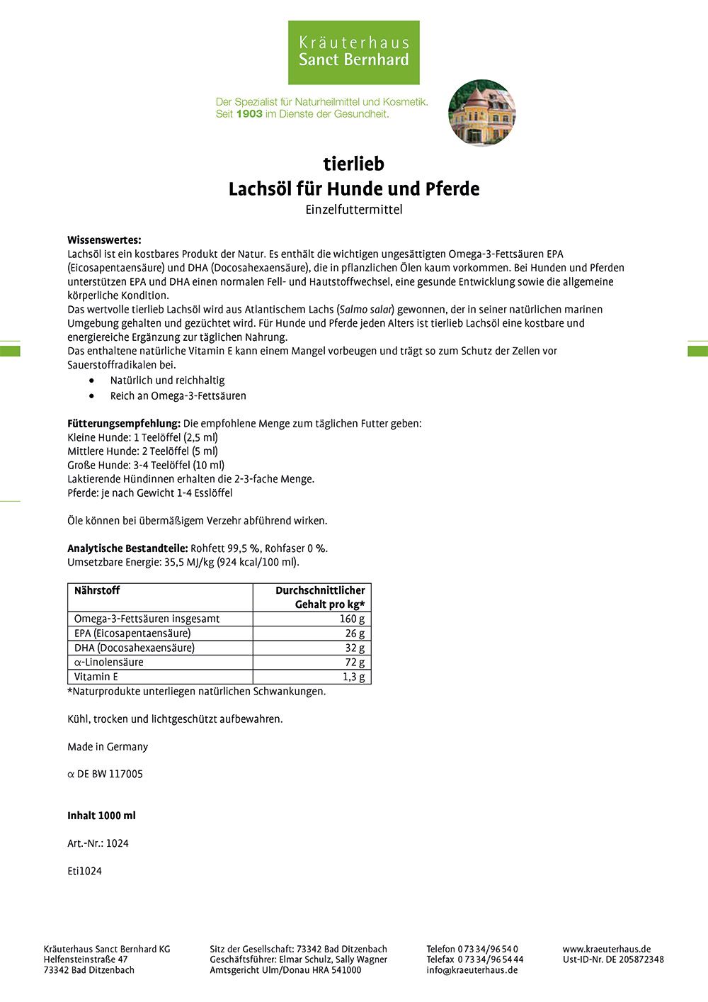 Sanct Bernhard tierlieb Lachsöl für Hunde und Pferde