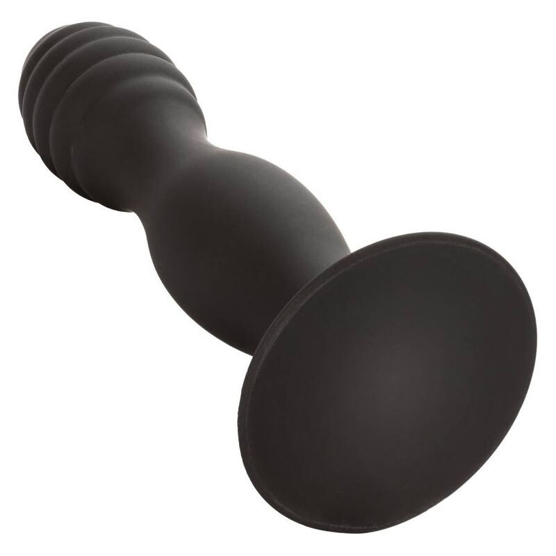 Schwarzer Anal-Stift mit gerippter Spitze und Saugnapf-Basis. Aus Silikon.