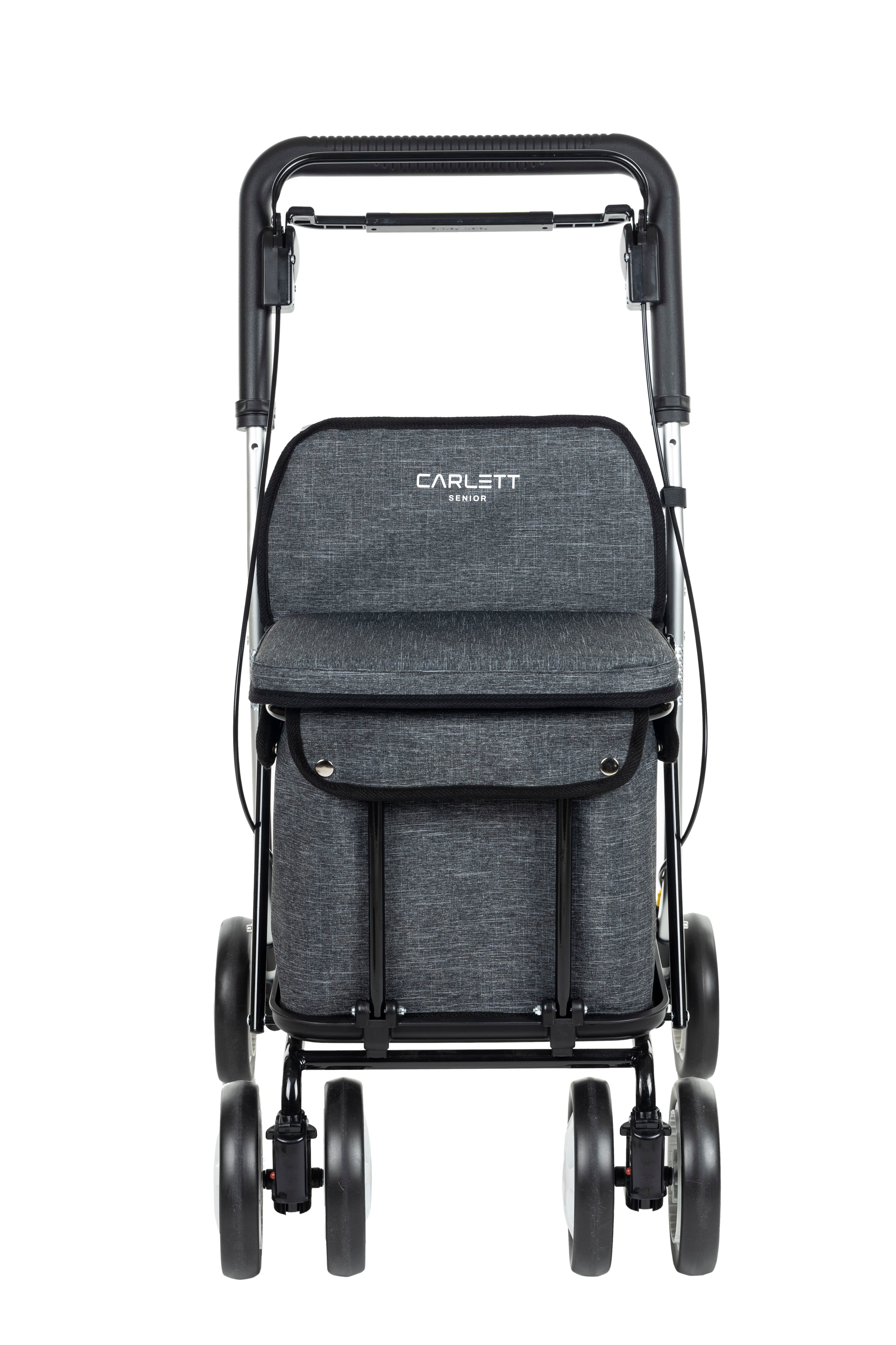 Carlett Comfort Einkaufstrolley, grau. Frontansicht. Vier Räder, schwarzer Rahmen, Sitzfläche und Tasche.