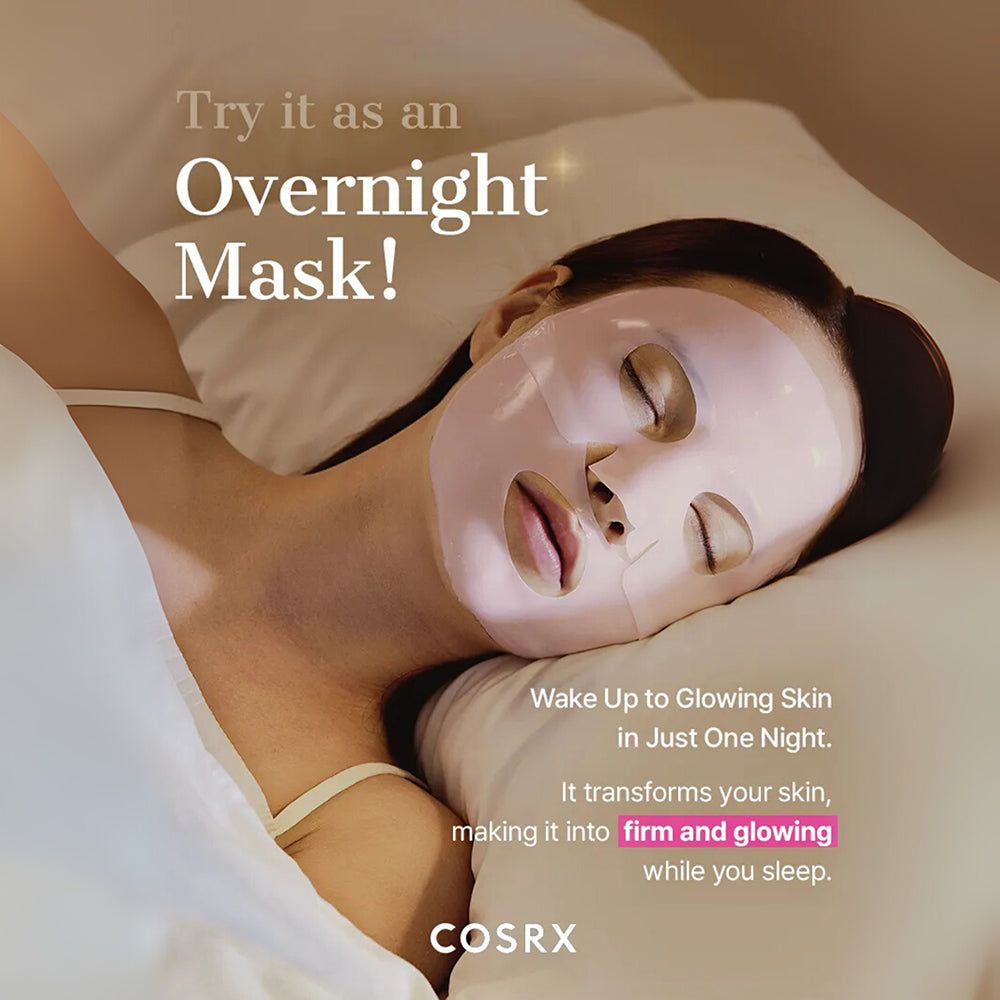 Frau schläft mit aufgetragener Peptide Collagen Lifting Glow Hydrogel Mask.