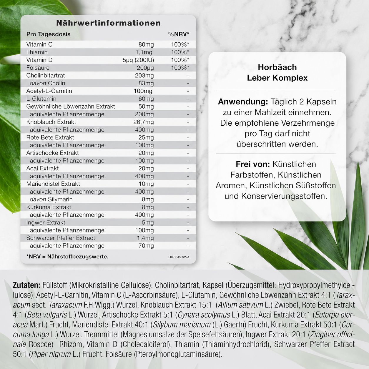 Nährwertangaben und Inhaltsstoffe für Horbäach Leber Komplex Kapseln.