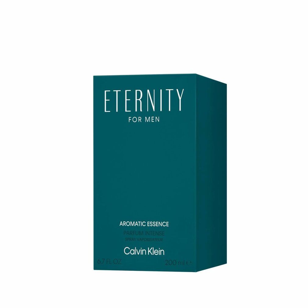 Türkisfarbene Verpackung. Schriftzug: Eternity for Men Aromatic Essence. Marke: Calvin Klein. Volumen: 200 ml.