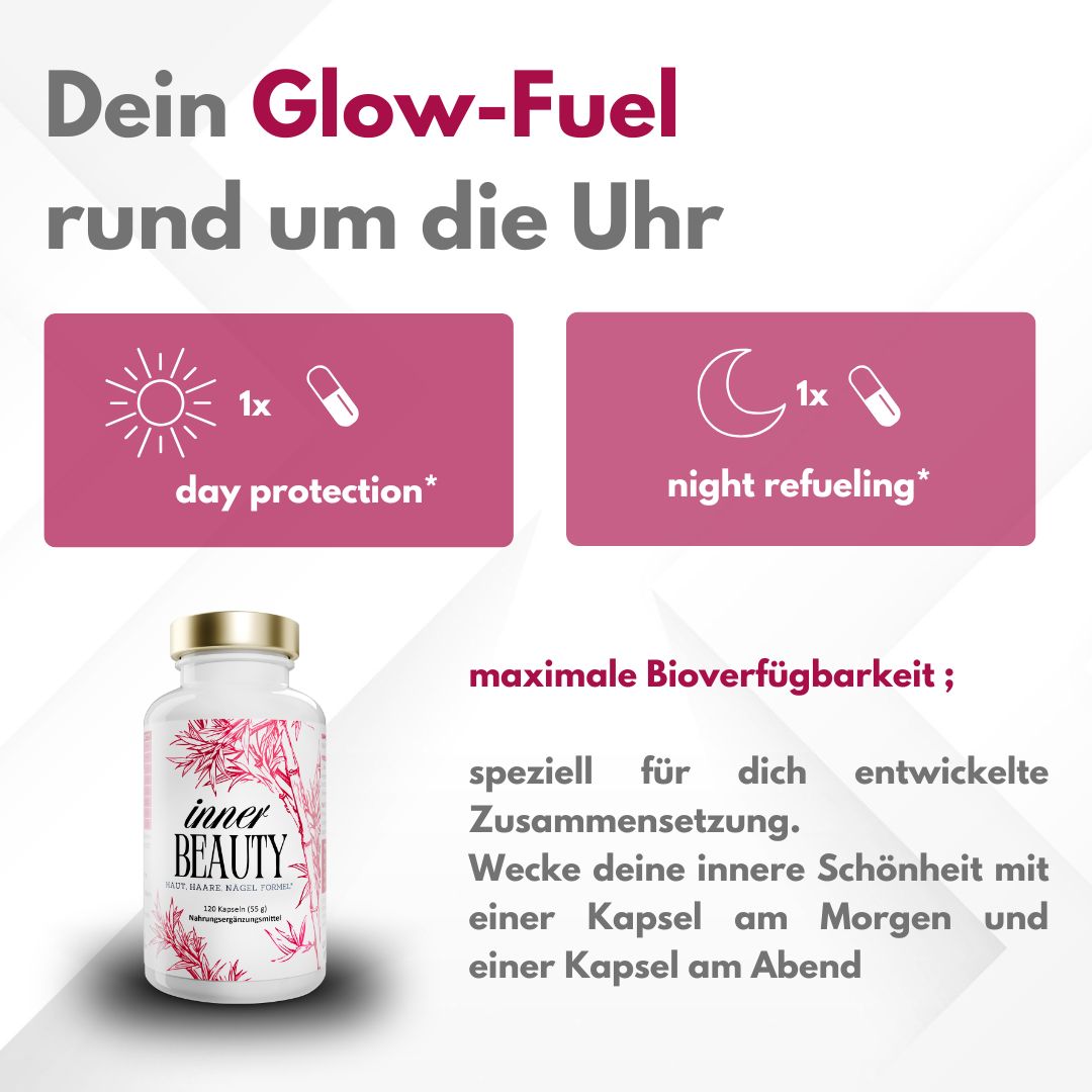Zwei rosa Rechtecke mit Text und Symbolen. Flasche mit Kapseln. Text: maximale Bioverfügbarkeit.