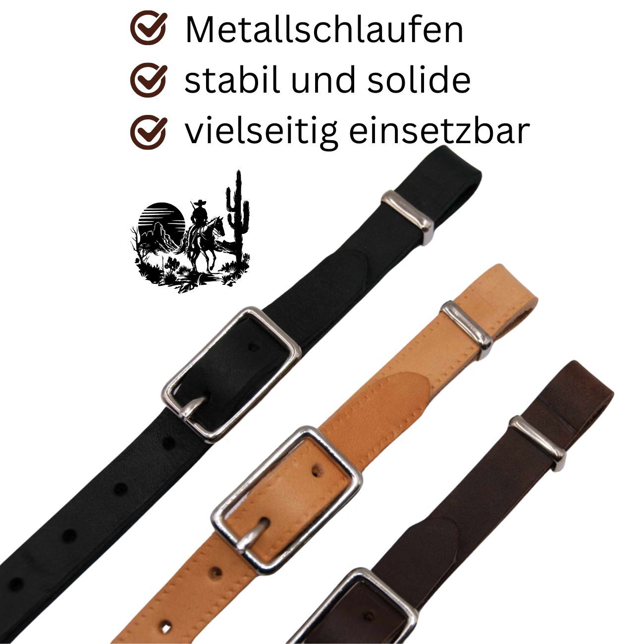 Nahaufnahme von drei AMKA Western Kinnriemen in Schwarz, Beige und Braun. Metallschnallen. Text: Metallschlaufen, stabil und solide, vielseitig einsetzbar.