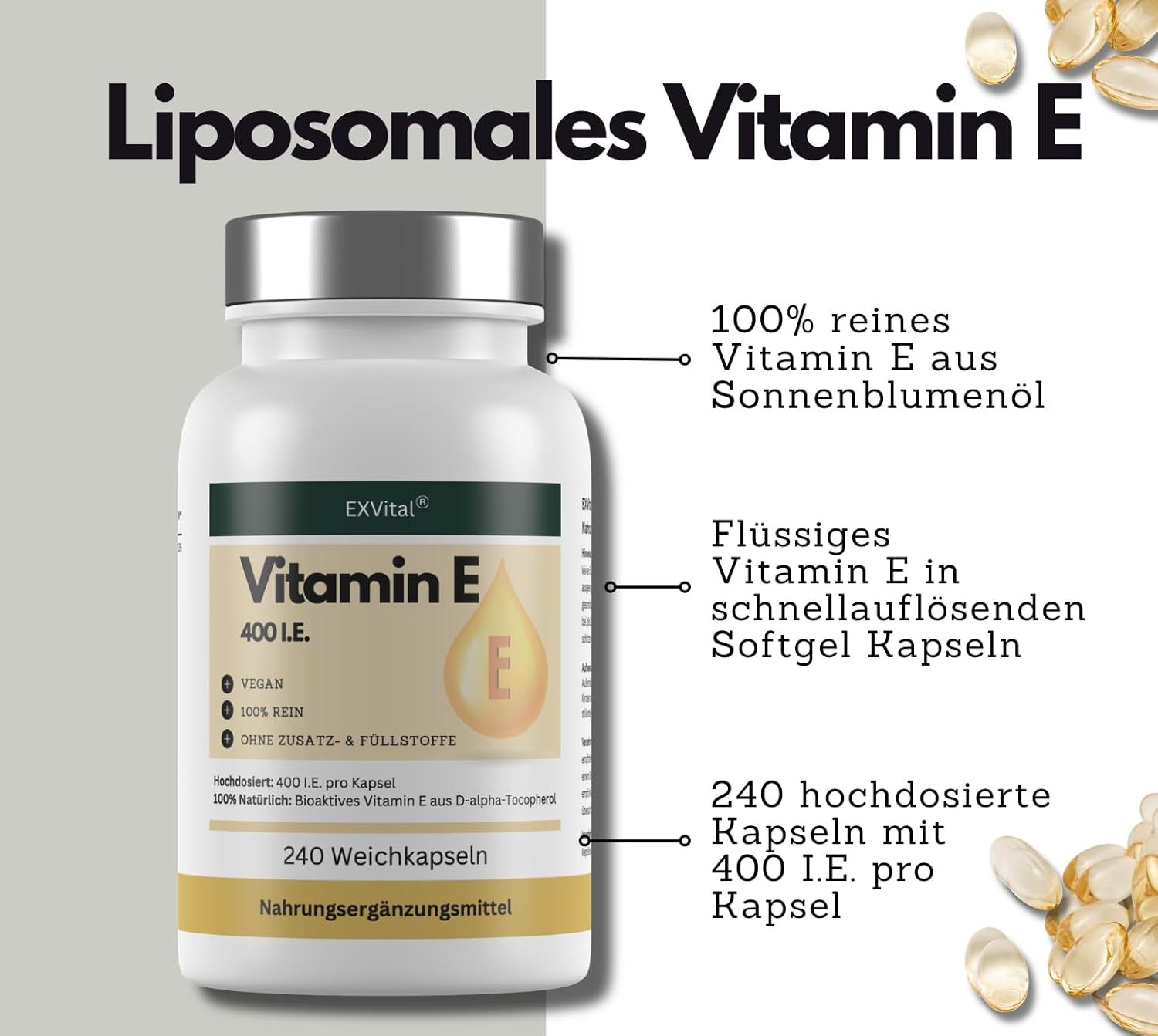 Weißes Fläschchen mit EXVital Vitamin E 400 I.E. Kapseln. 240 Weichkapseln. 100% reines Vitamin E aus Sonnenblumenöl.