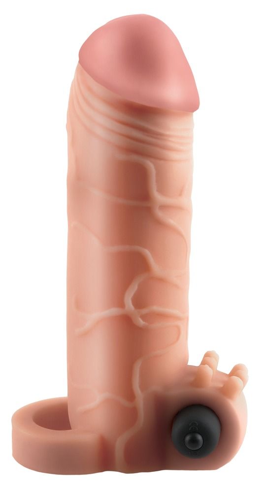 Penishülle mit Hodenring und Vibration. Hautfarbenes Material, sichtbare Venen. Schwarzer Vibrator-Knopf.