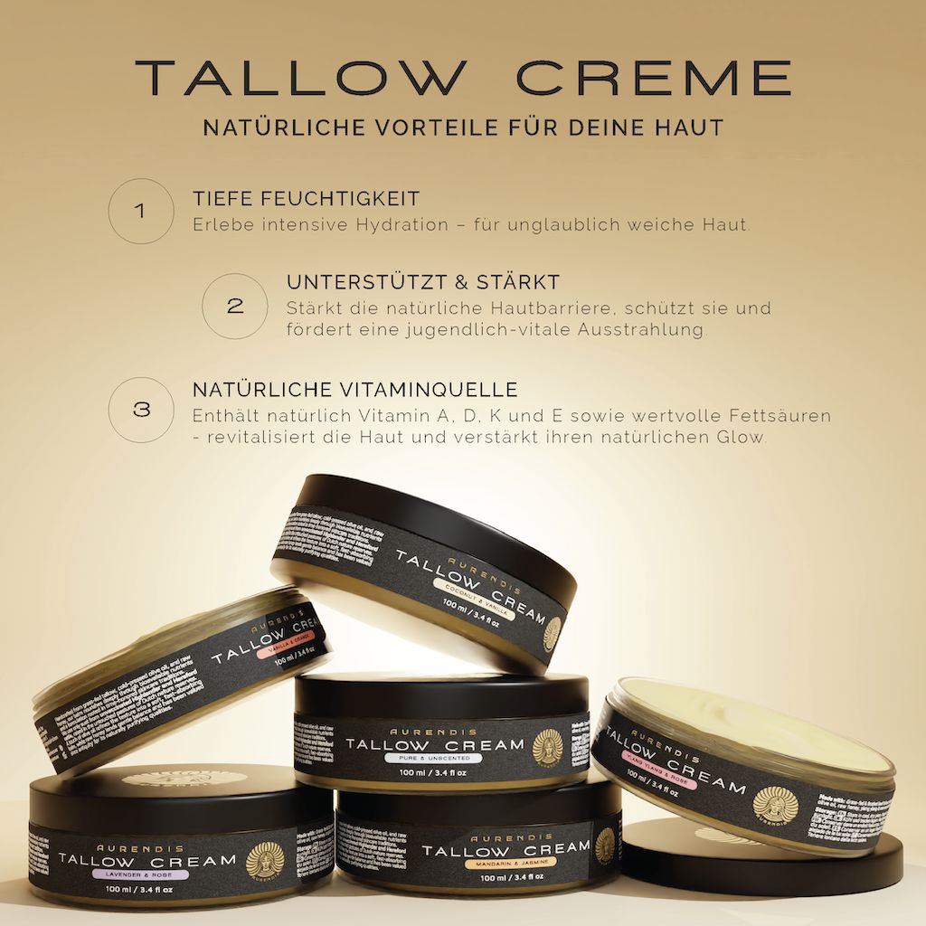 Mehrere Tiegel Creme, gestapelt. Aufschrift: Tallow Creme. 100ml.