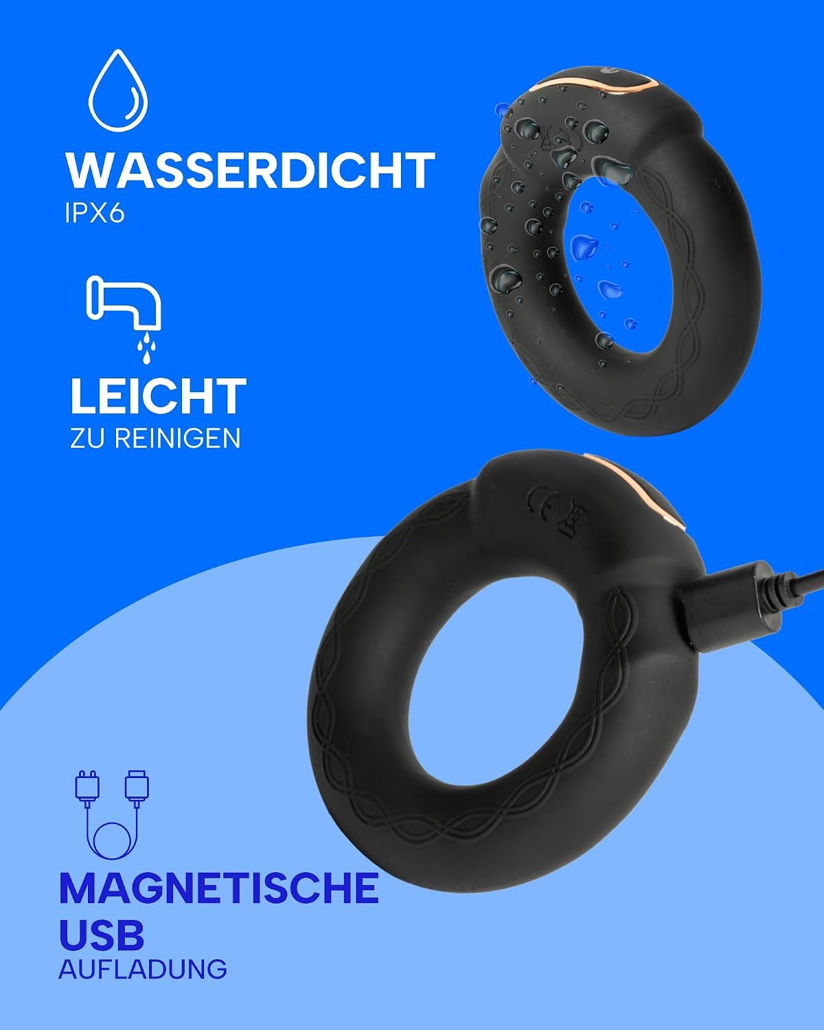 Schwarzer Vibrator mit Ladefunktion und Verpackung.