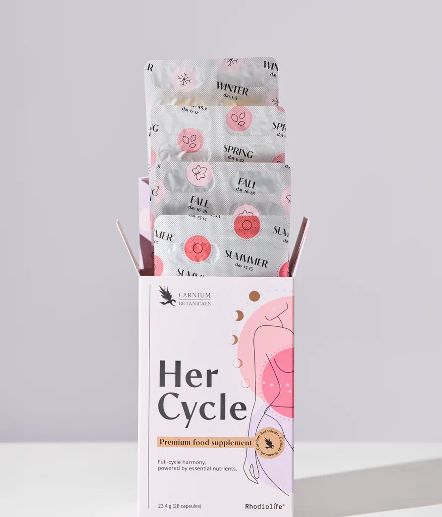Geöffnete "Her Cycle" Verpackung mit saisonalen Kapsel-Päckchen. Logo und Illustration einer Frau. Marke: Carnium Botanicals.