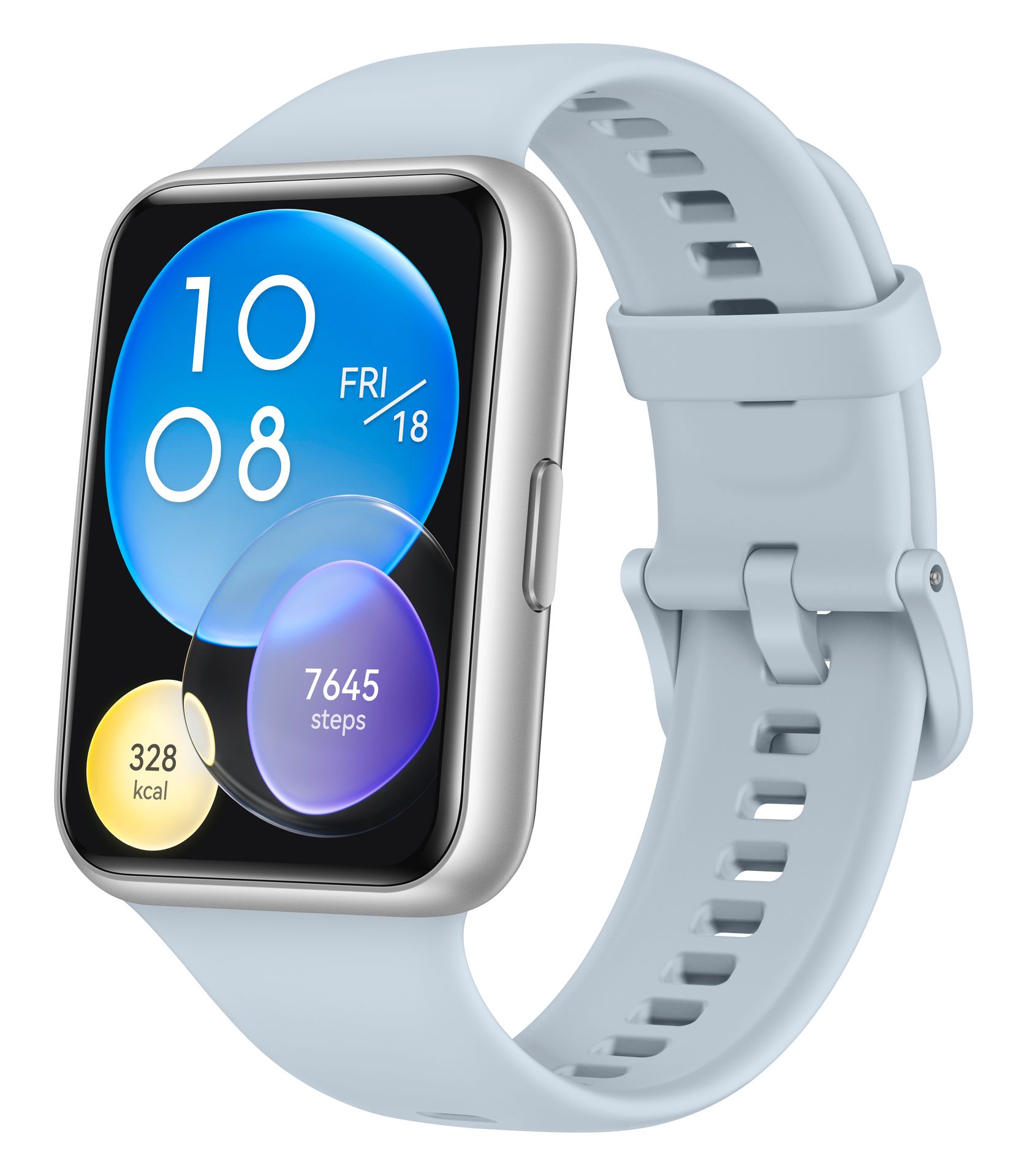 Hellblaue Smartwatch mit rechteckigem Display. Zeigt Uhrzeit, Datum, Kalorien und Schritte an. Silbern umrandet, hellblaues Armband.