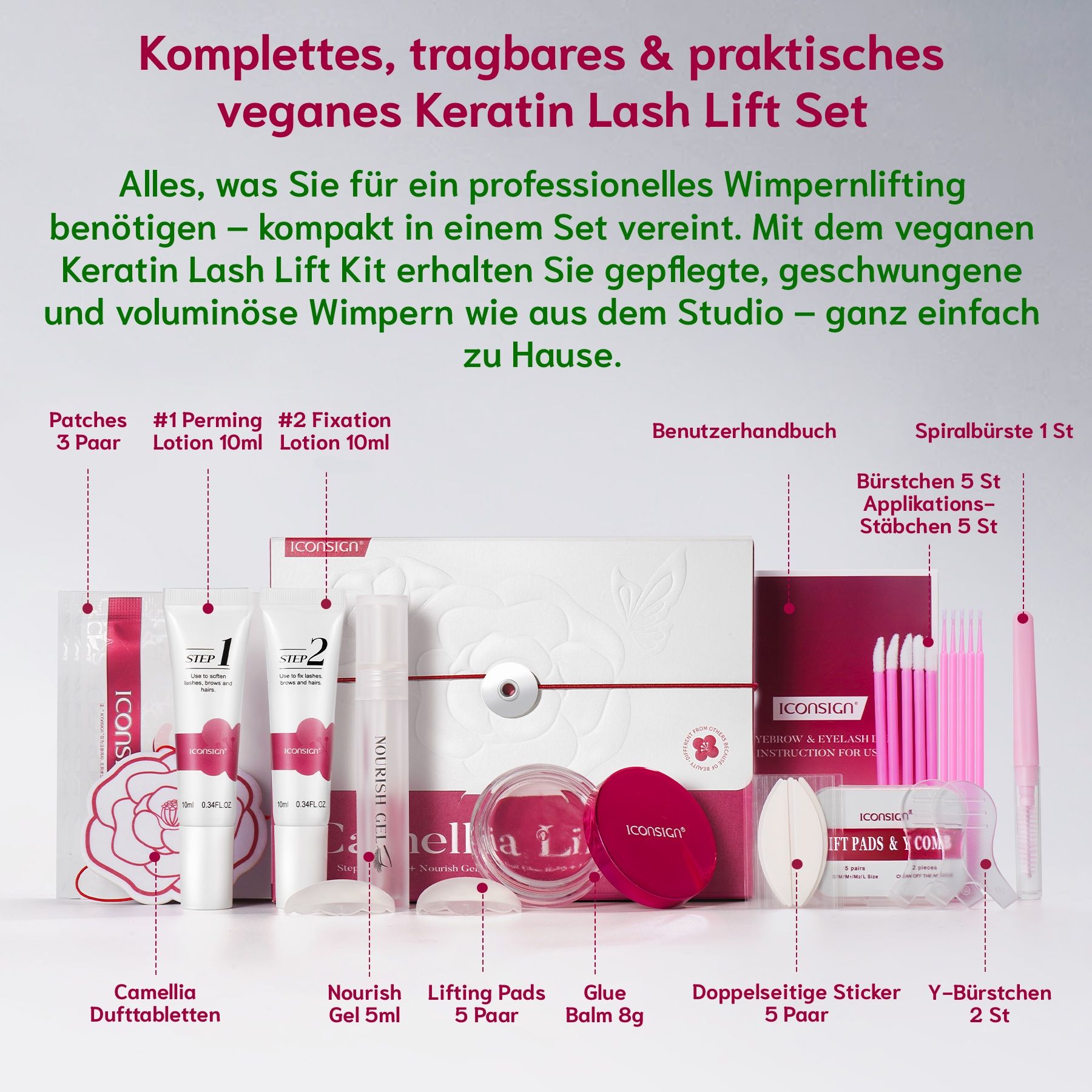 Komplettes veganes Keratin Lash Lift Set. Enthält Cremes, Pads, Bürsten und Zubehör. Rosa und weiße Verpackung.