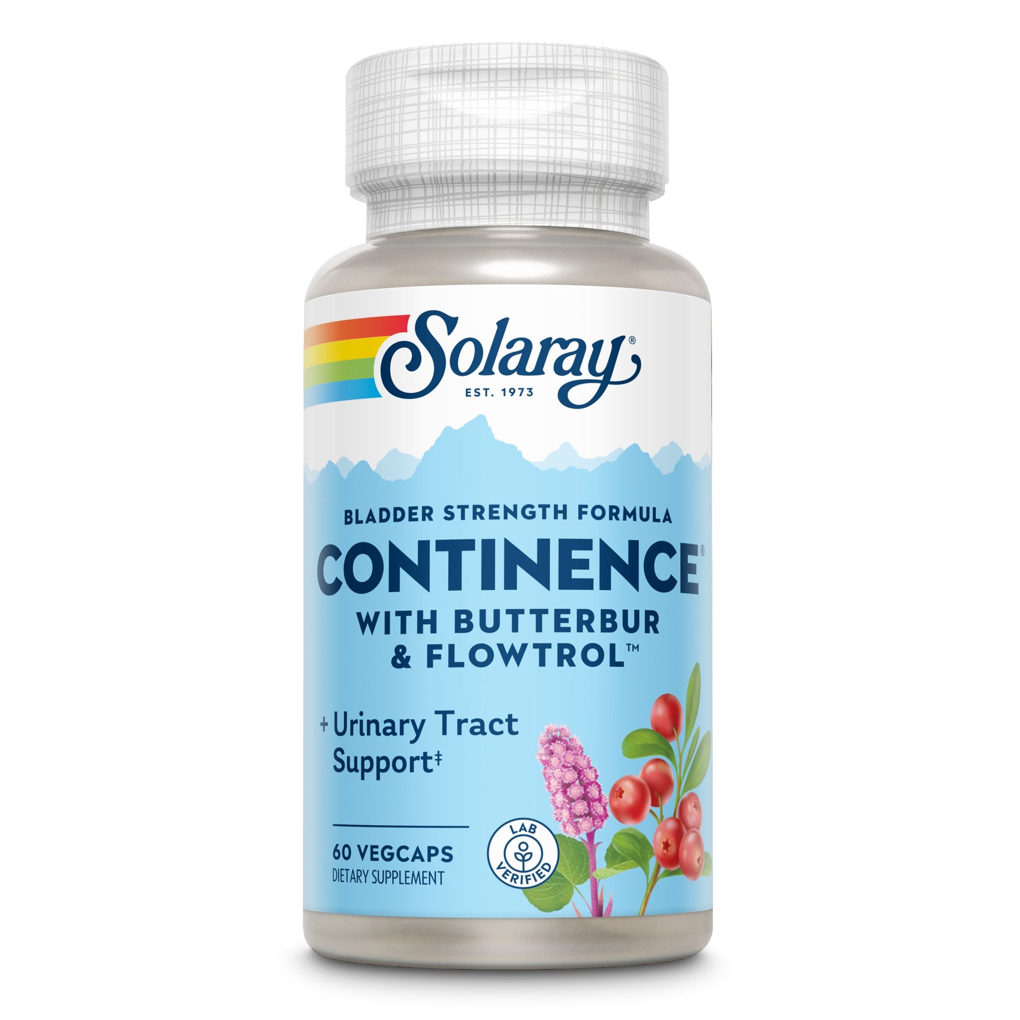 Solaray Continence-Flasche. Aufschrift: Continence, Bladder Strength Formula, mit Butterbur & Flowtrol. 60 Vegcaps.