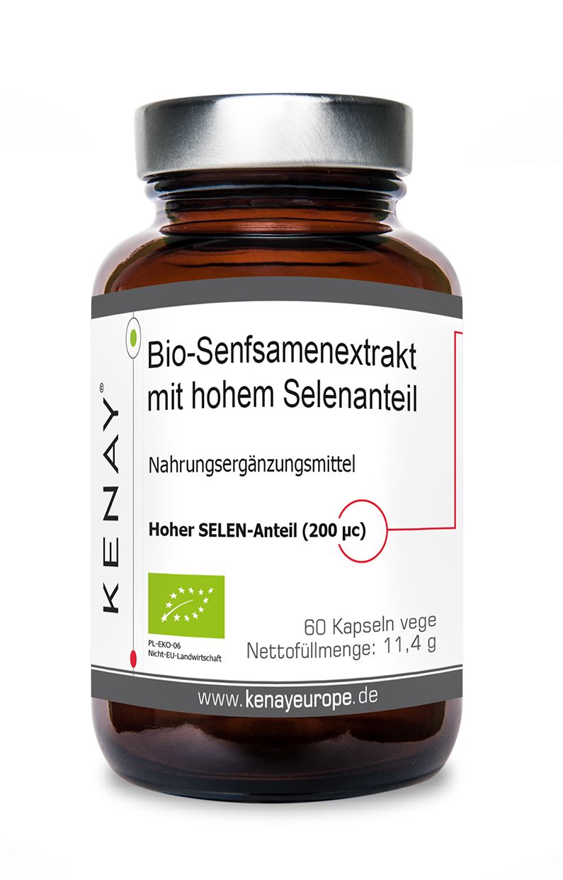 Braune Glasflasche mit Kapseln. Etikett mit Produktnamen, Inhaltsangaben und Bio-Siegel. Marke KENAY® sichtbar.