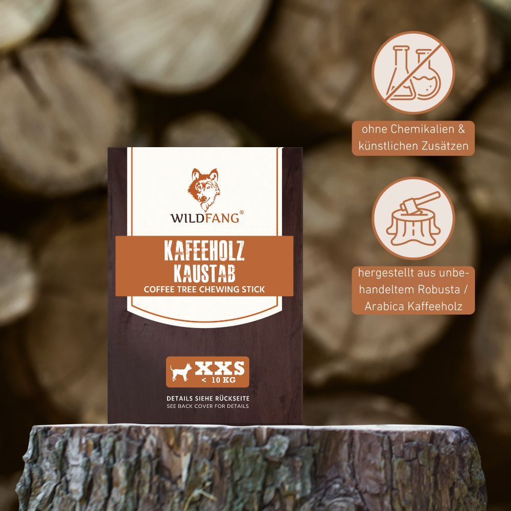 Produktverpackung mit Logo und Text: Kaffeeholz-Kaustab. Ohne Chemikalien. Hergestellt aus unbehandeltem Robusta/Arabica.