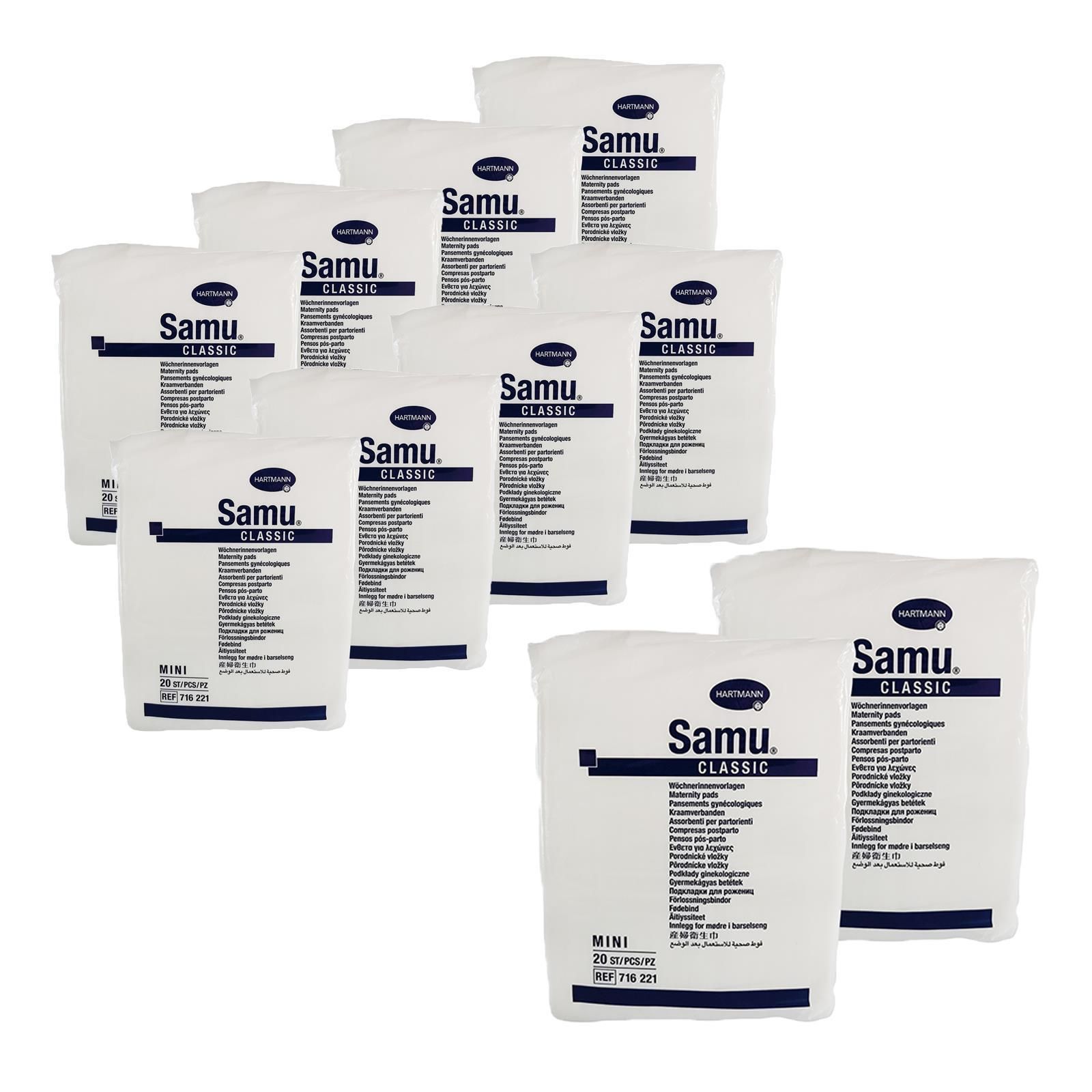 Mehrere Packungen Hartmann Samu Classic Mini. Weiße Verpackungen mit Produktbezeichnung und Text. 10er SET.