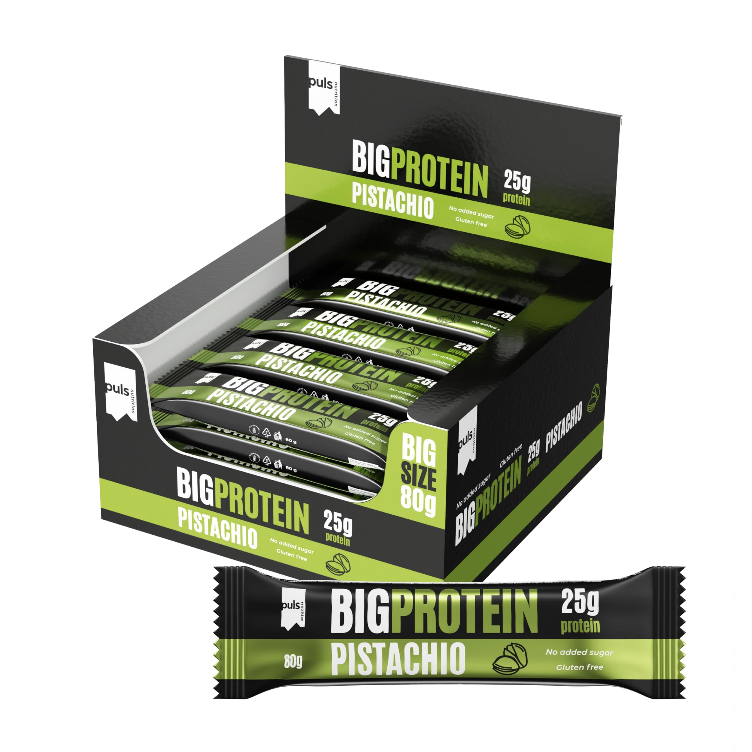 Puls Nutrition Big Protein Riegel Pistazie in einer Display-Box. Einzelner Riegel vorne.
