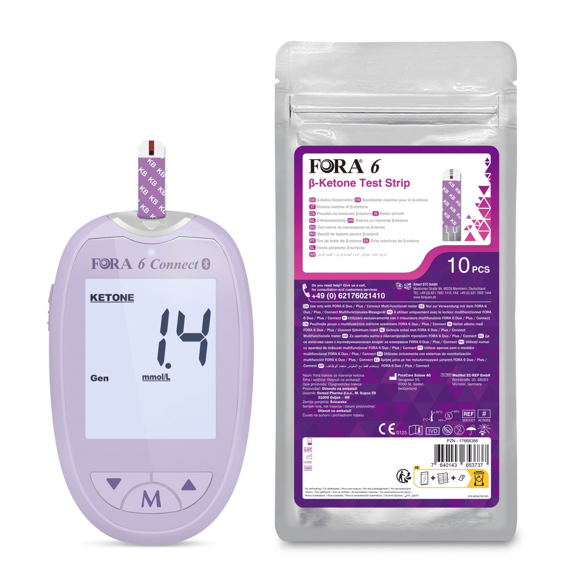 FORA 6 Connect Blutzuckermessgerät mit einer Ketonteststreifenpackung. Misst Ketone in mmol/L.