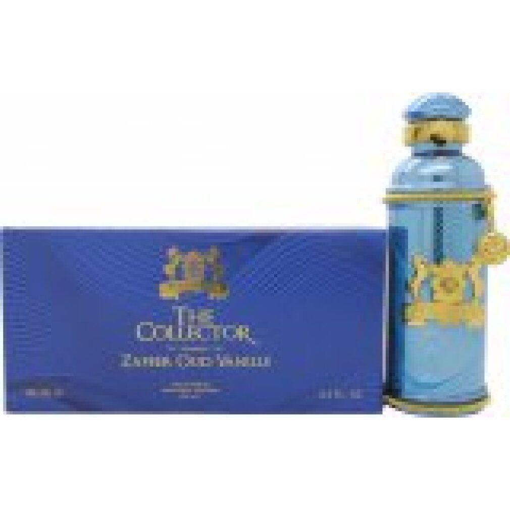 Blaues Paket und Flasche. Flasche: Türkis mit goldenen Verzierungen. Paket: Alexandre.J The Collector Zafeer Oud Vanille.