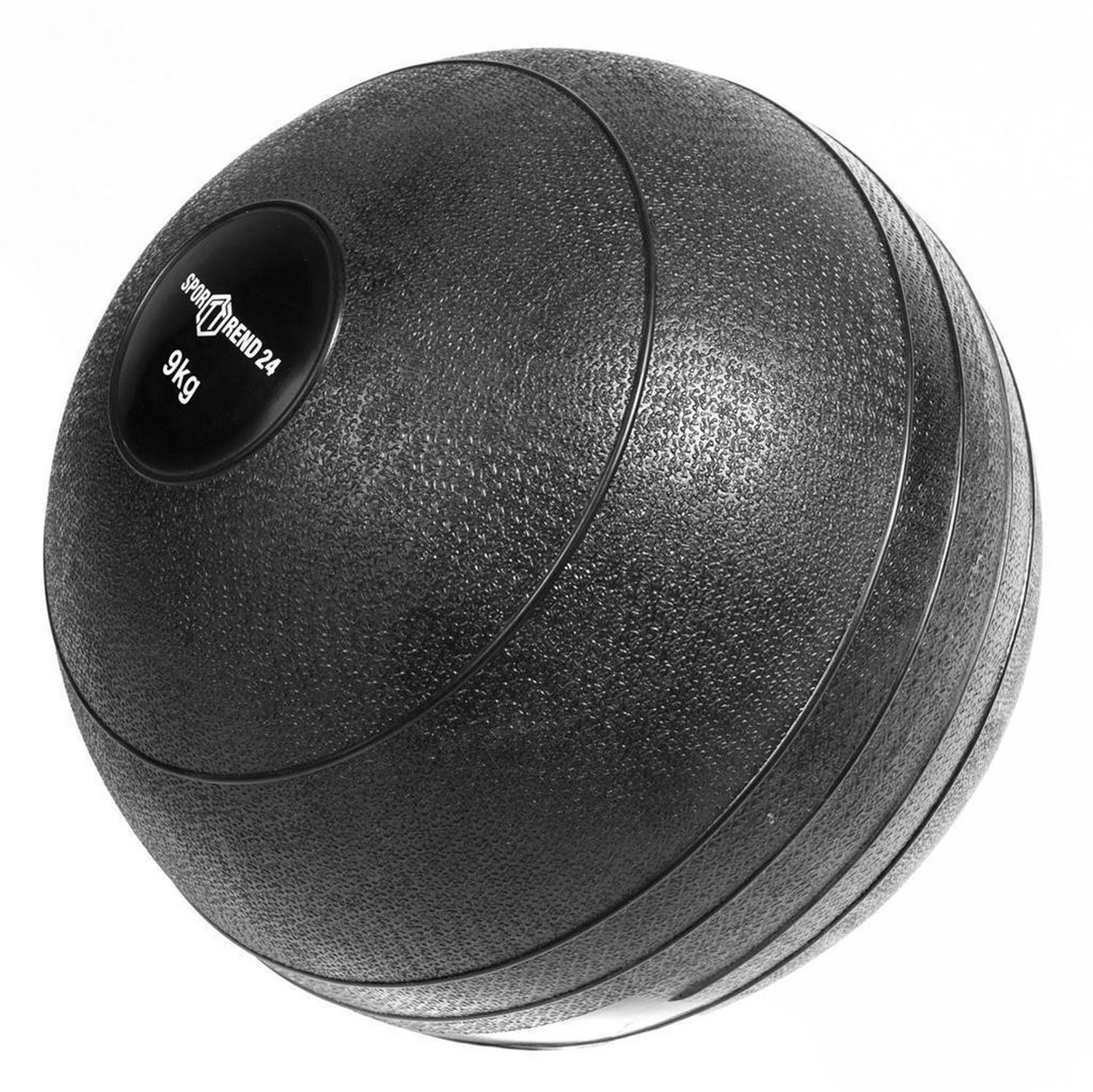 Schwarzer Slamball mit der Aufschrift Sporttrend24 und 9kg. Die Kugel hat eine strukturierte Oberfläche und Rillen.