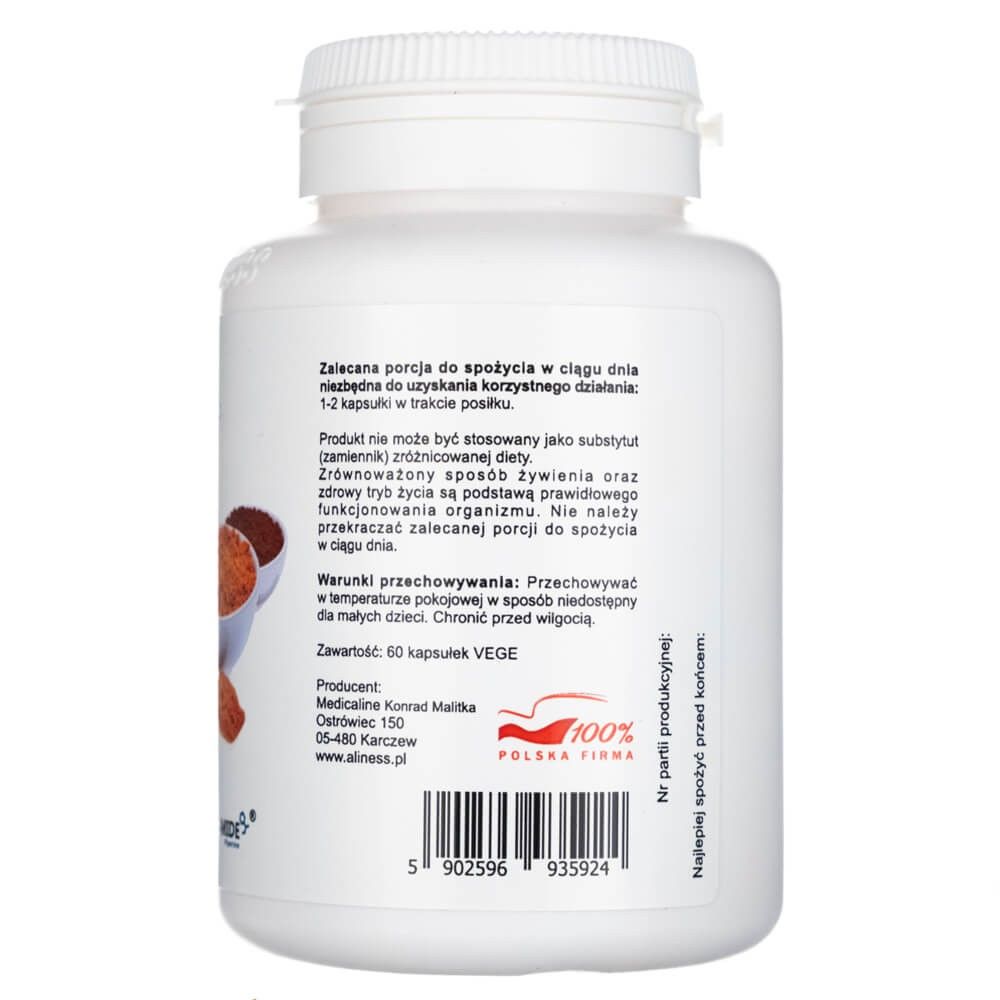 Rückseite einer Aliness Curcumin C3 Complex PLUS Kapseldose mit Produktinformationen und Barcode.